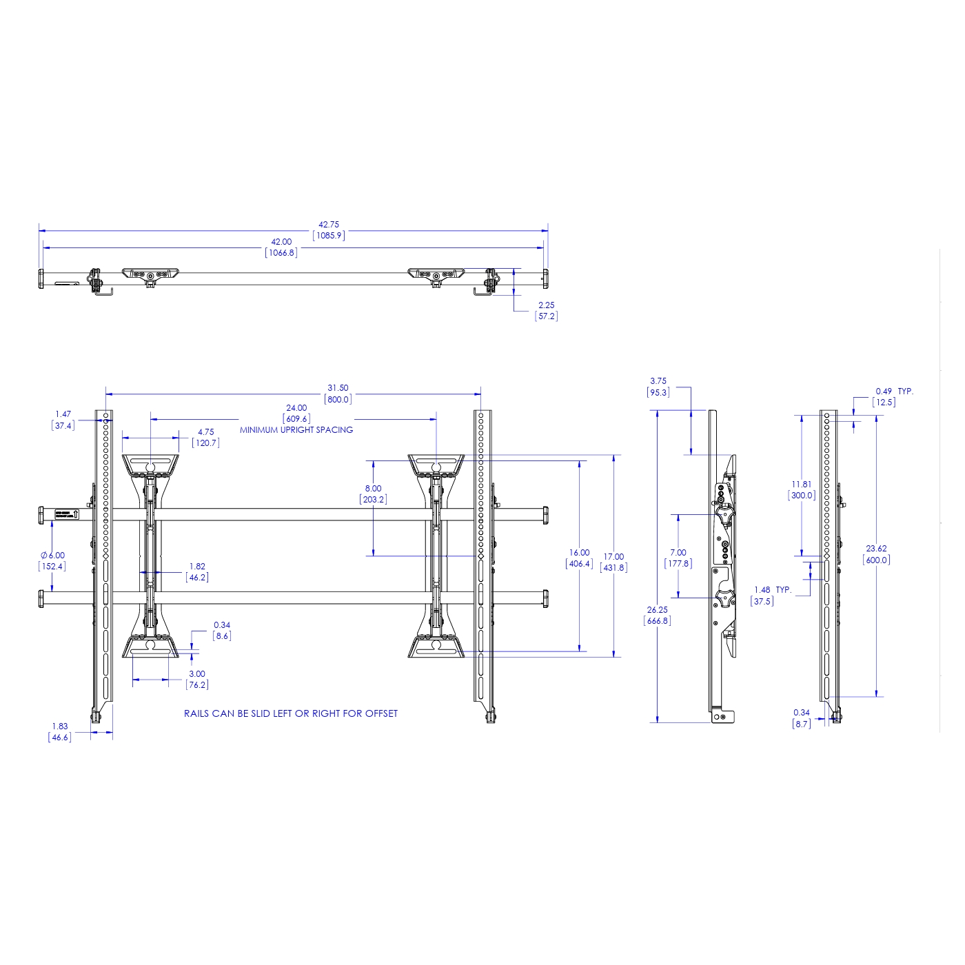 Dessin technique du support TV avec mesures et dimensions.