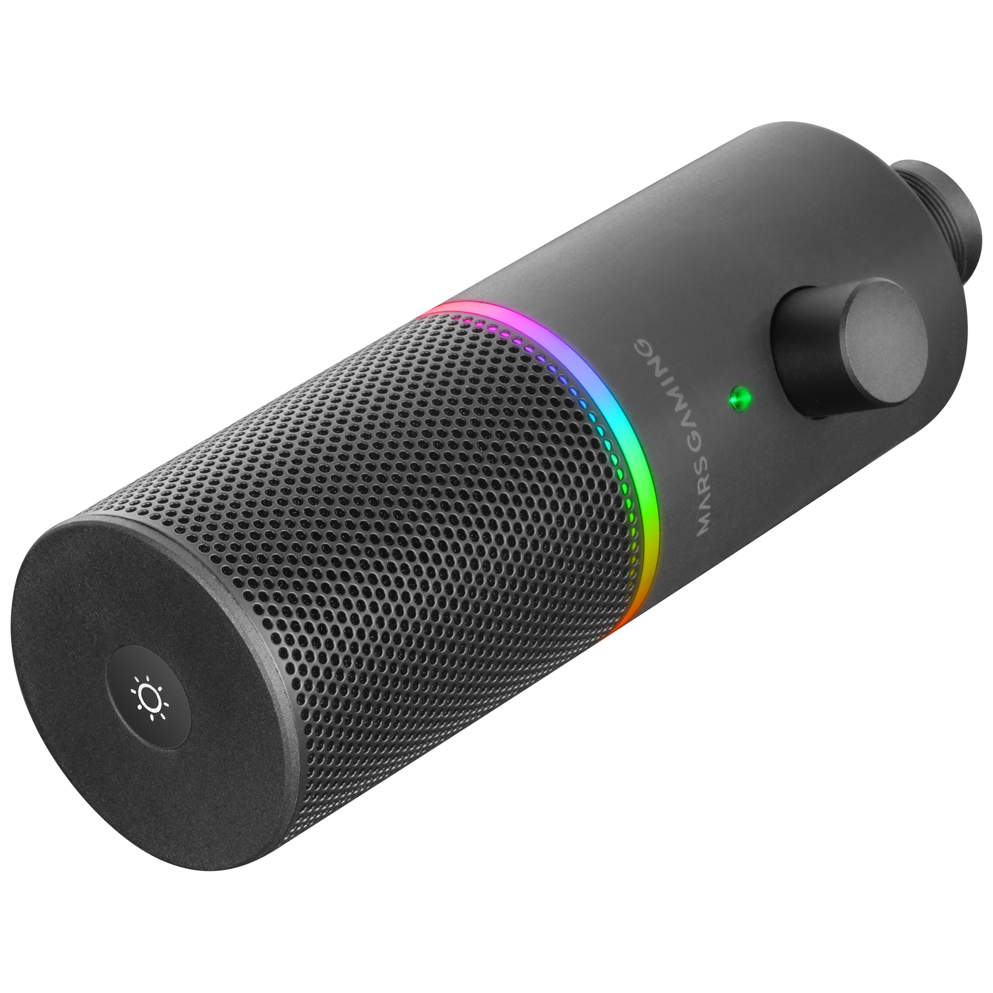 Micrófono Mars Gaming negro con un anillo de luz colorido. Tiene un botón y un dial para ajustes.