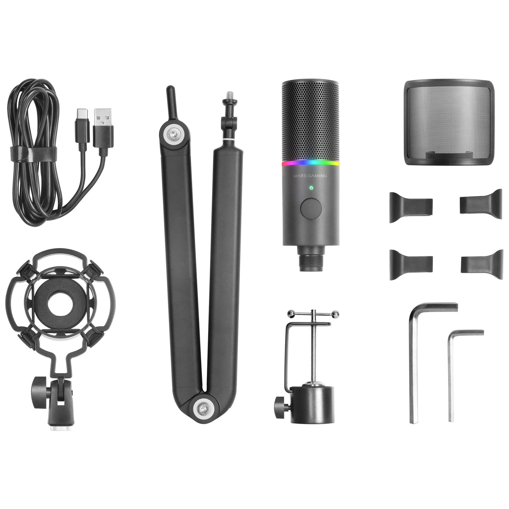 Conjunto de micrófono para juegos con múltiples componentes: micro, soporte, filtro antipop y varios accesorios.