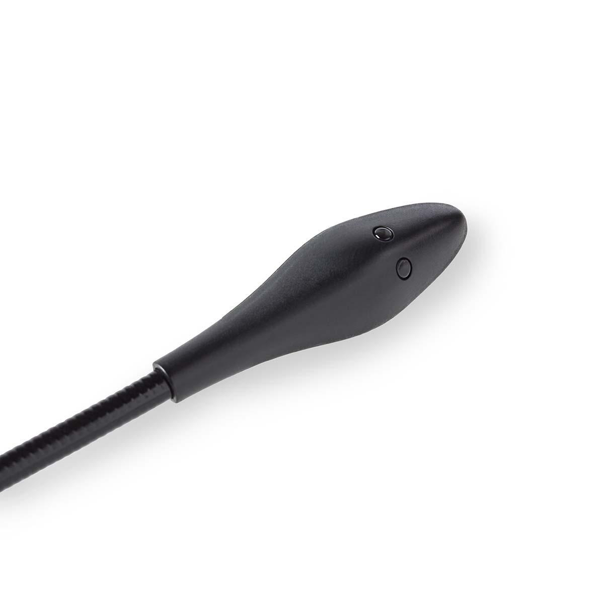 Czarna głowica mikrofonu z dwoma otworami. Białe tło.