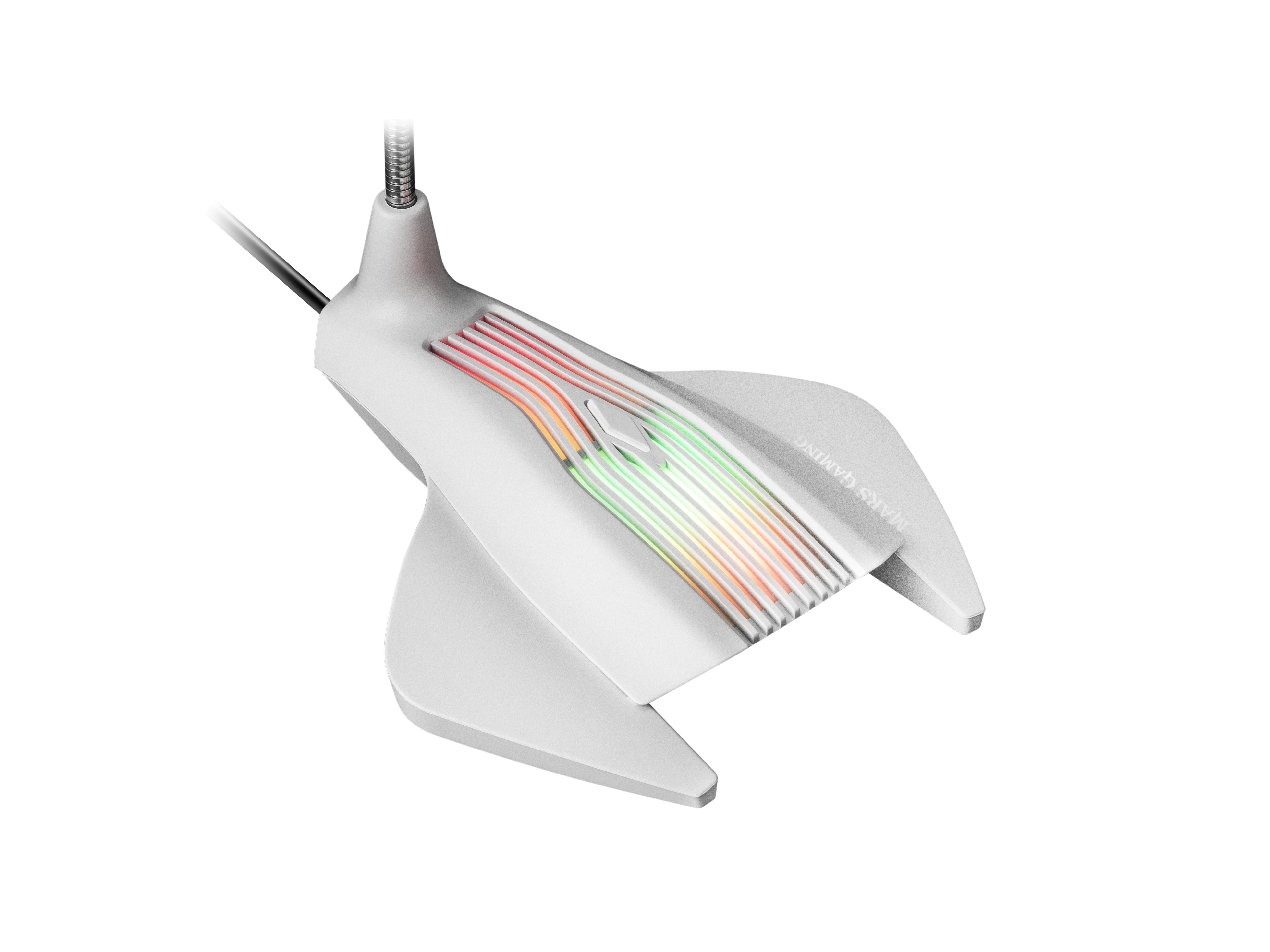 Soporte blanco para ratón gaming. Tiene luces LED de colores.