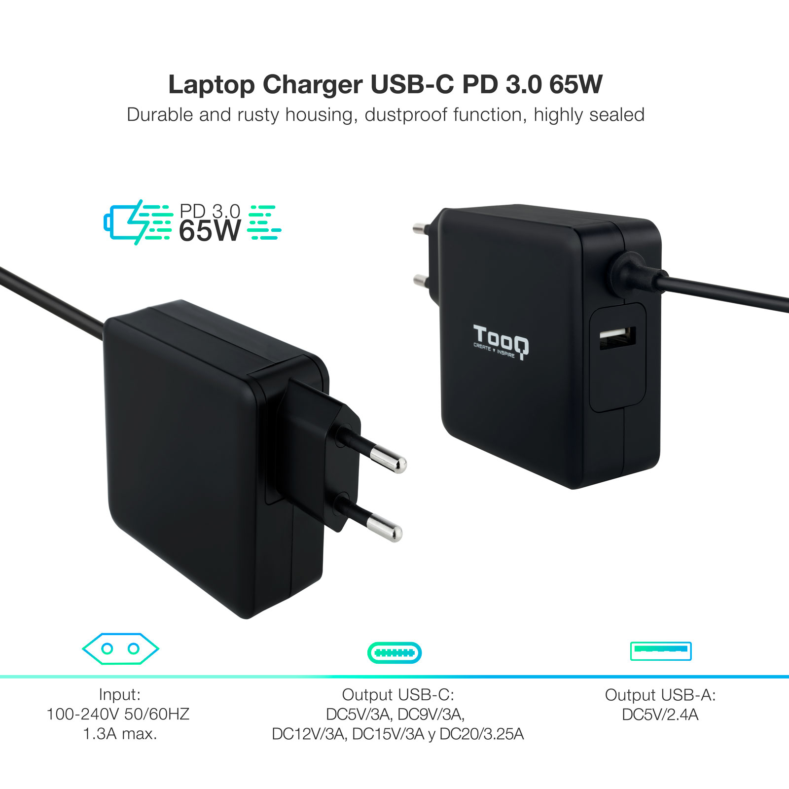 Cargador de portátil negro con puerto USB-C, especificaciones y etiquetas de texto.