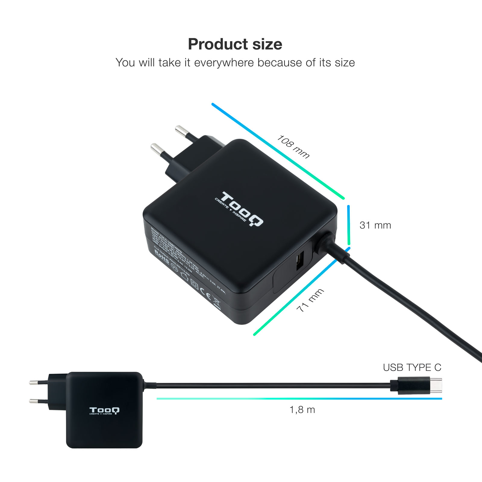Cargador negro con cable negro, las dimensiones se muestran en azul.