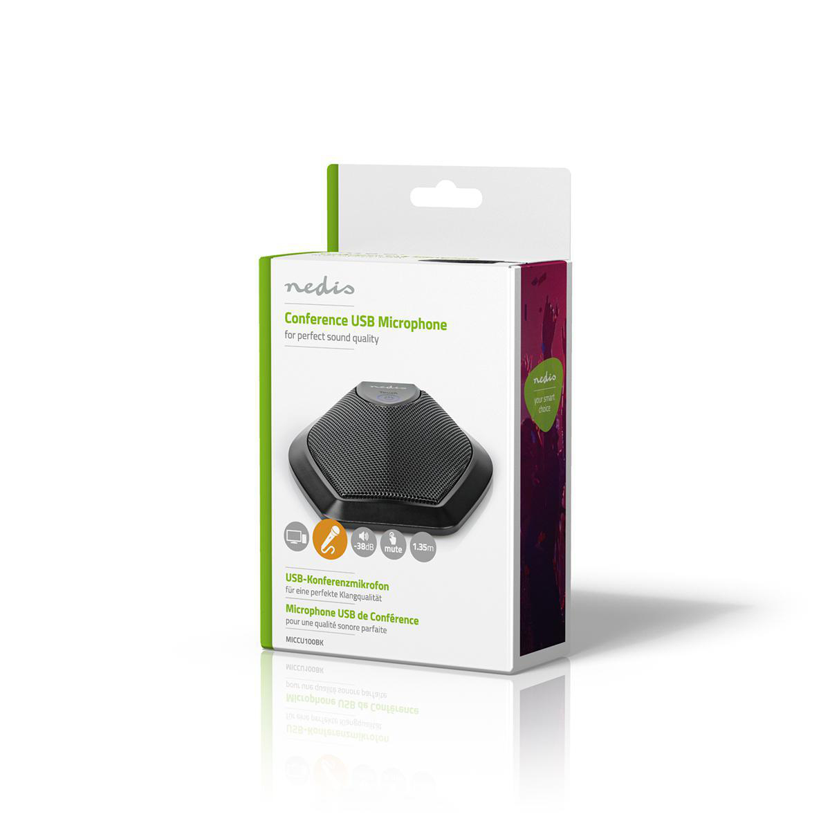 Biało-czarne pudełko, w środku konferencyjny mikrofon USB, z czarną kratką.