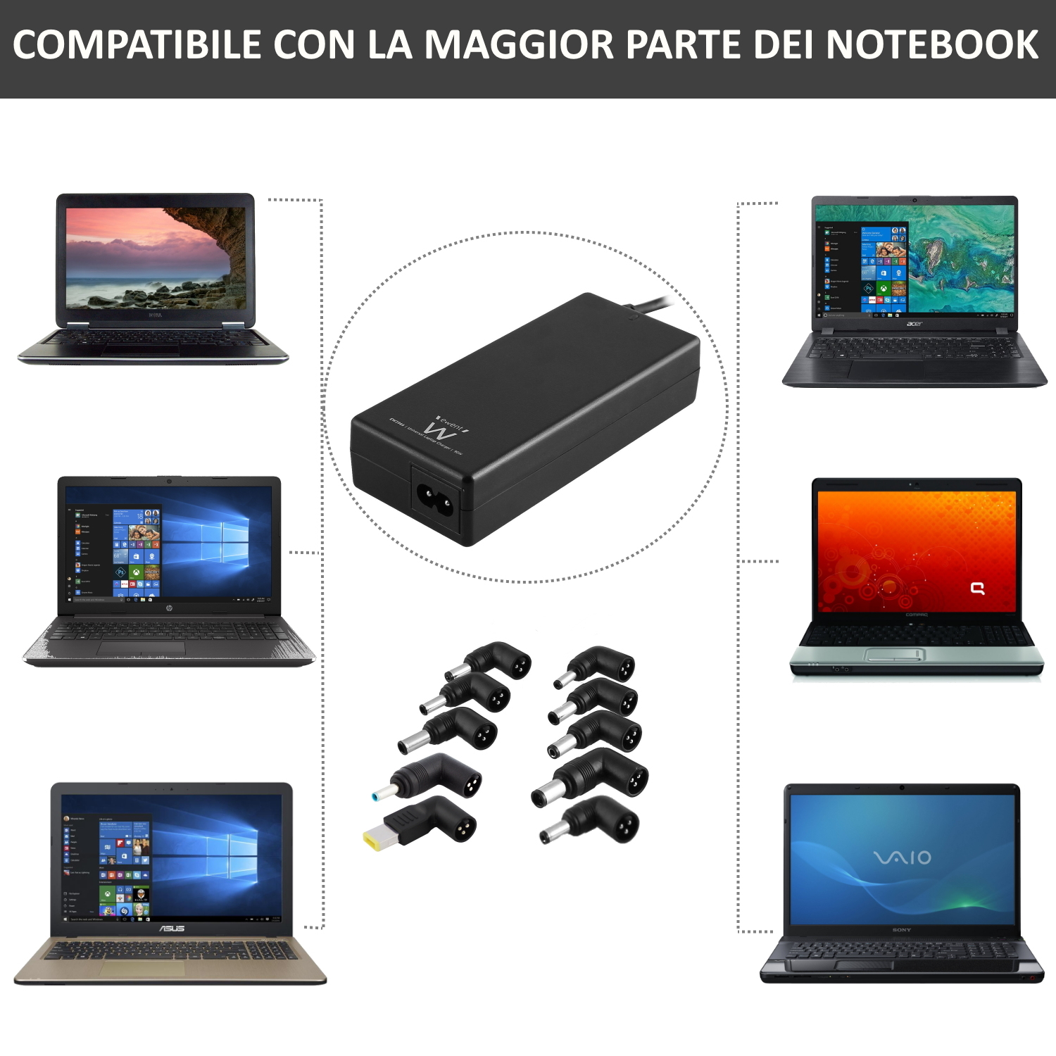 Più laptop disposti attorno a un adattatore di alimentazione con varie punte di connettore.