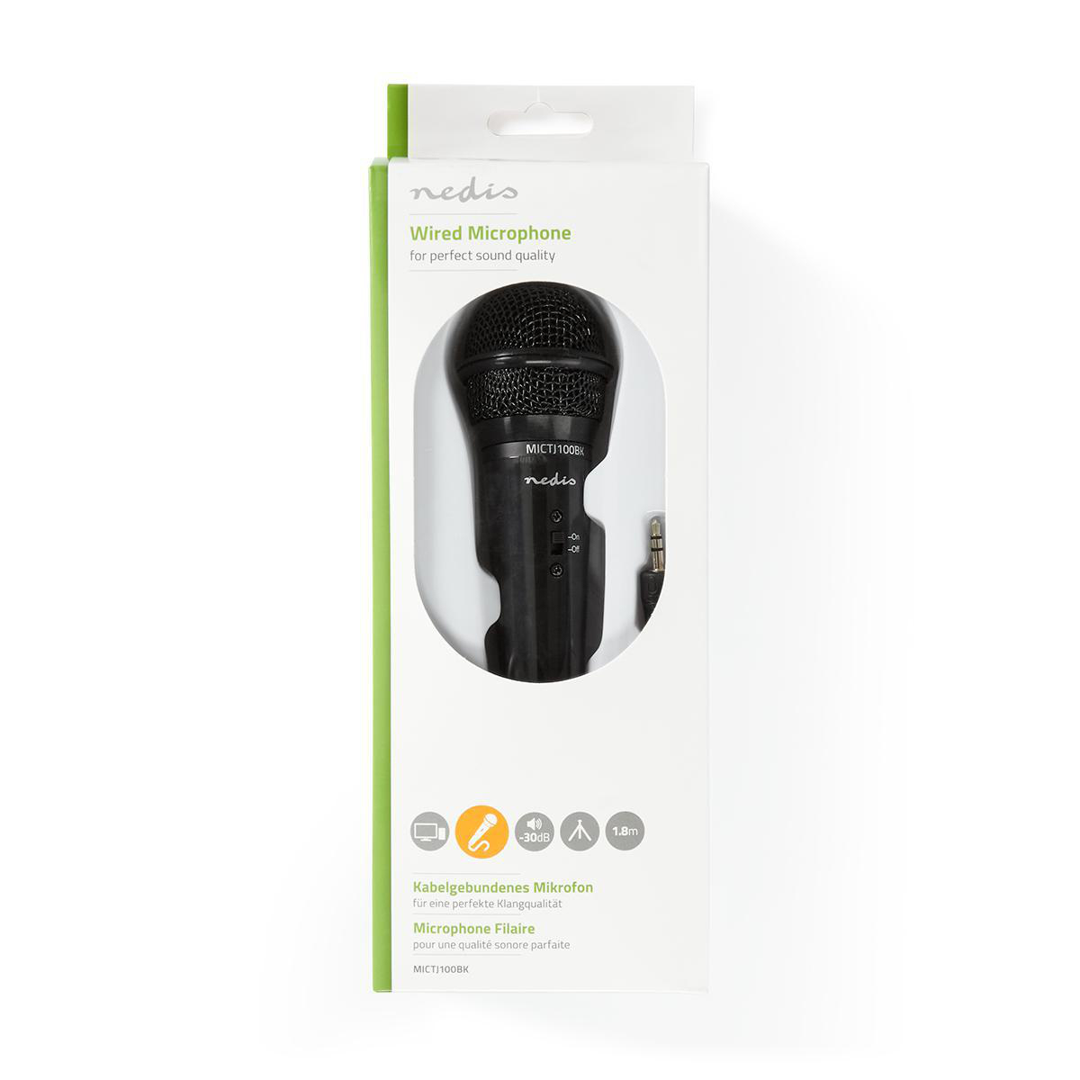 Przewodowy czarny mikrofon w opakowaniu z ikonami i tekstem.