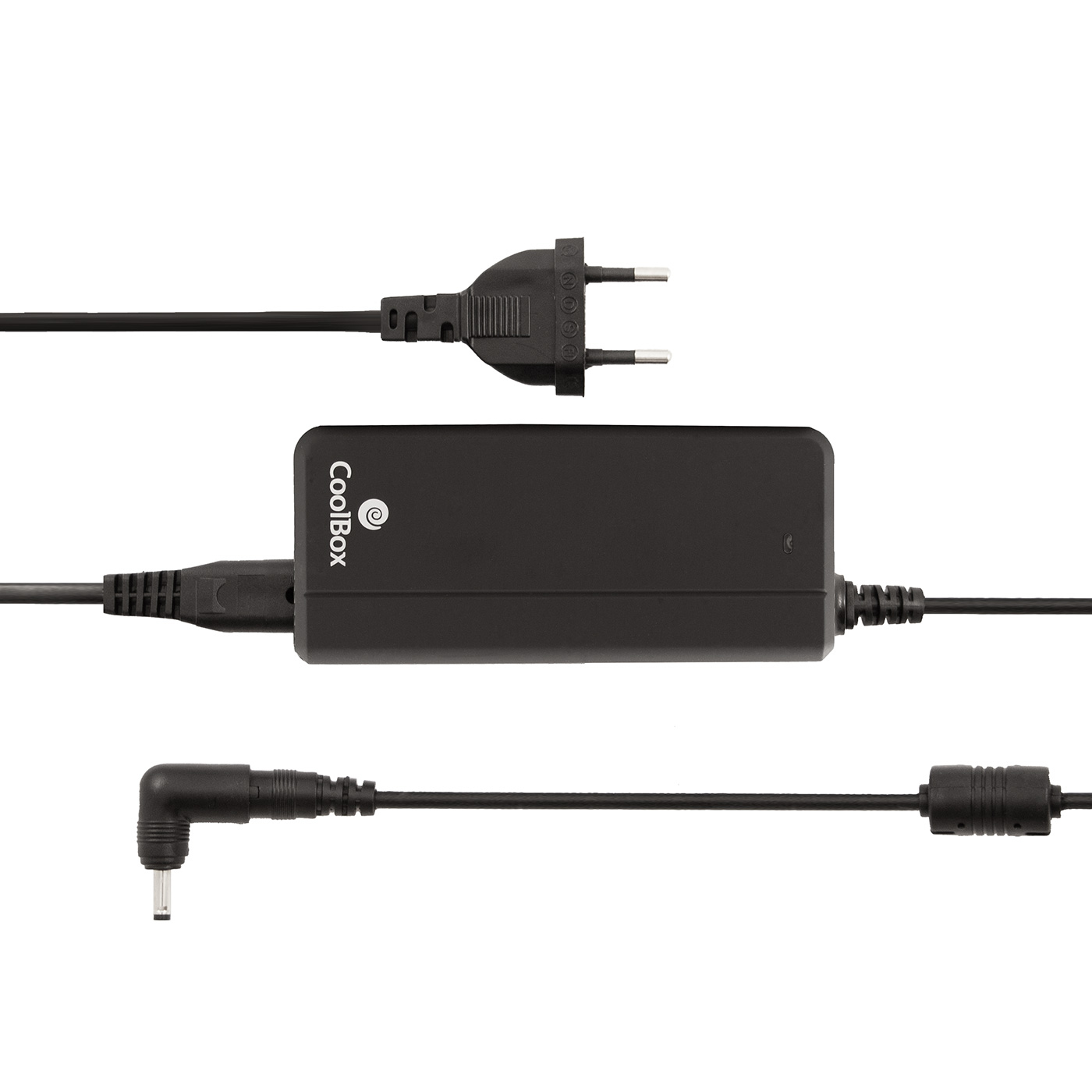 Adaptador de corriente CoolBox negro con cables y enchufe.