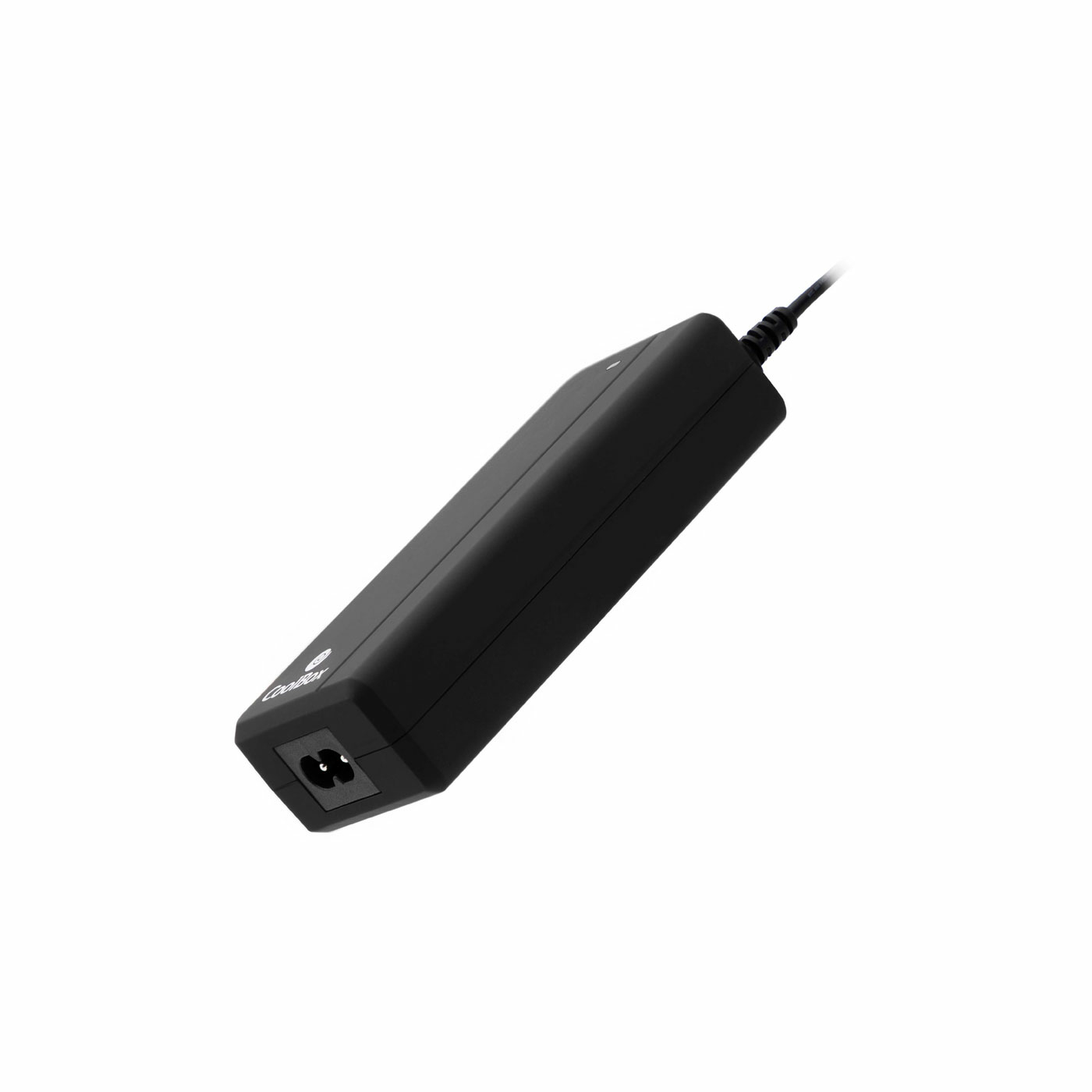 Adaptador de corriente negro con enchufe de dos clavijas y cable negro. Vista en ángulo.