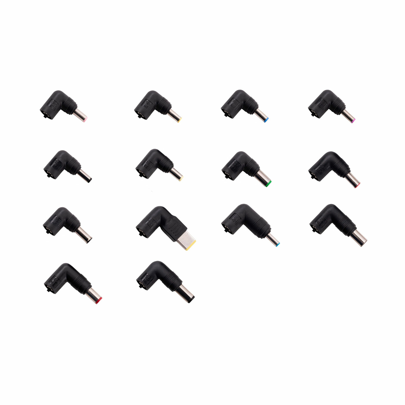 Un conjunto de adaptadores de corriente negros en forma de L con puntas de varios colores. Fondo blanco.
