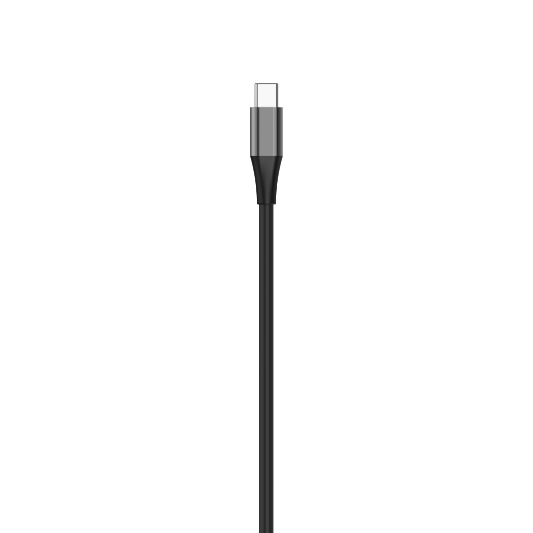 Schwarzes USB-C-Kabel mit silbernem Stecker und schwarzem Kabel.