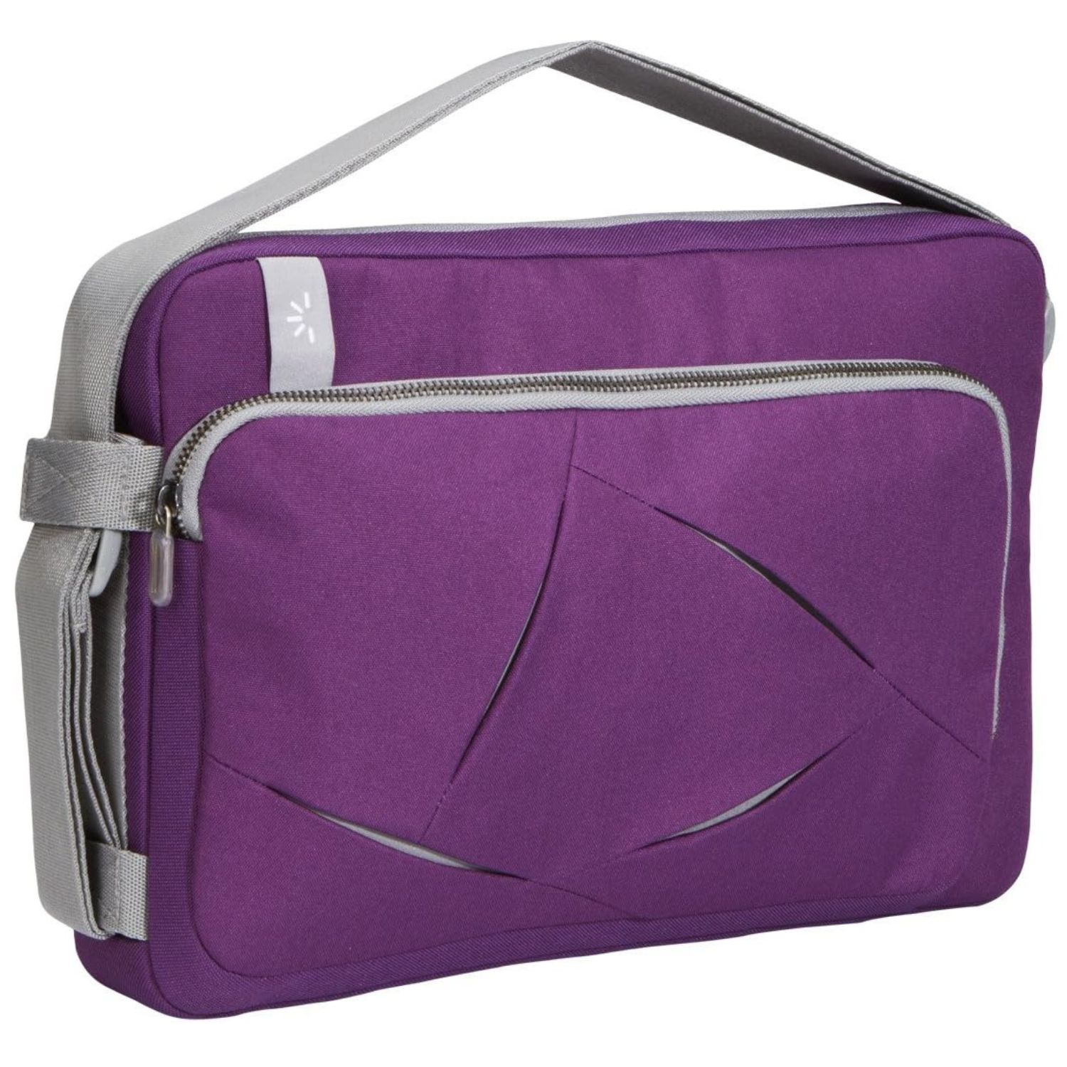 Lila Laptop-Tasche mit grauen Akzenten, Schulterriemen und Reißverschluss, mit weißem Hintergrund.