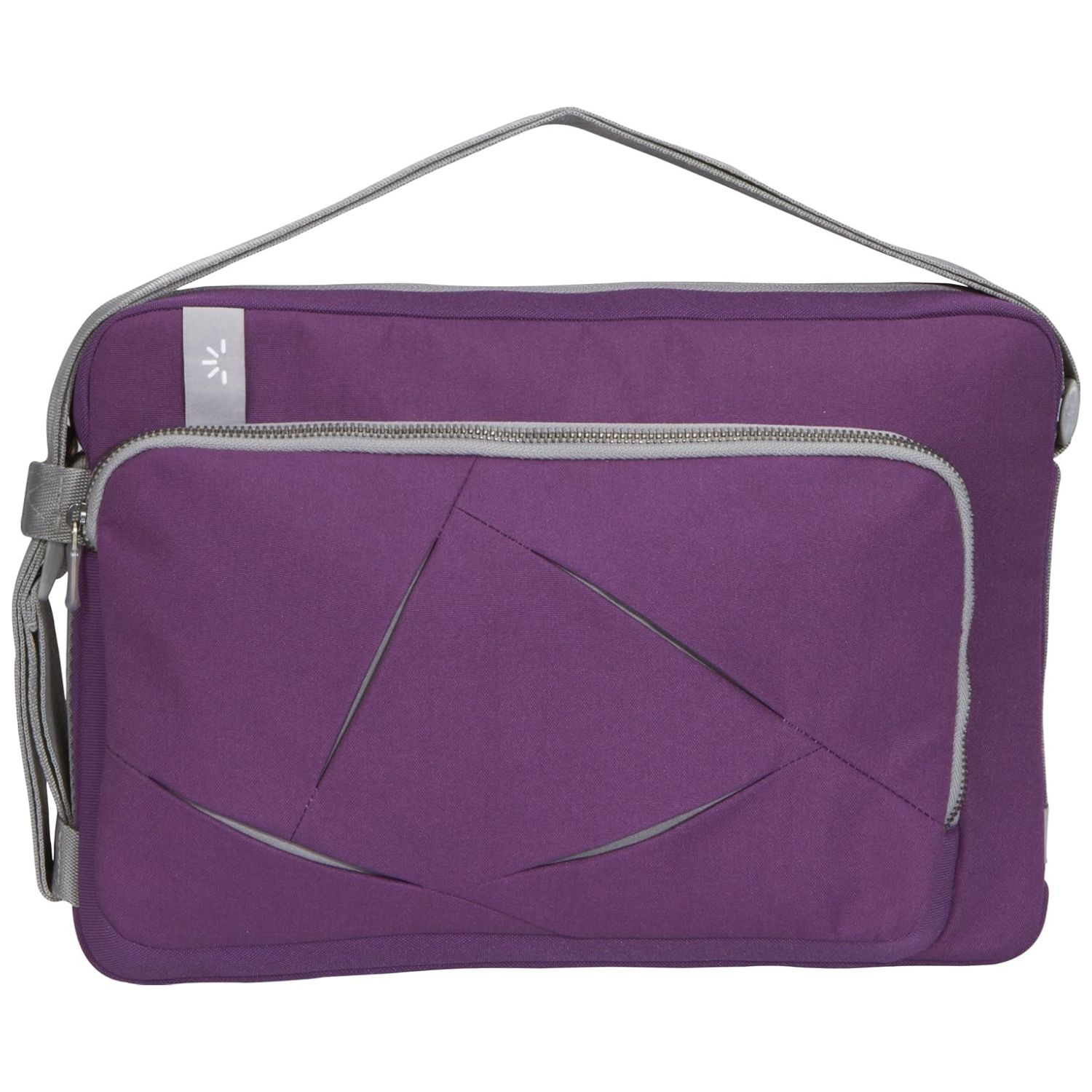 Lila Laptop-Tasche mit grauem Riemen und Reißverschluss. Vorderseite mit geometrischem Design.