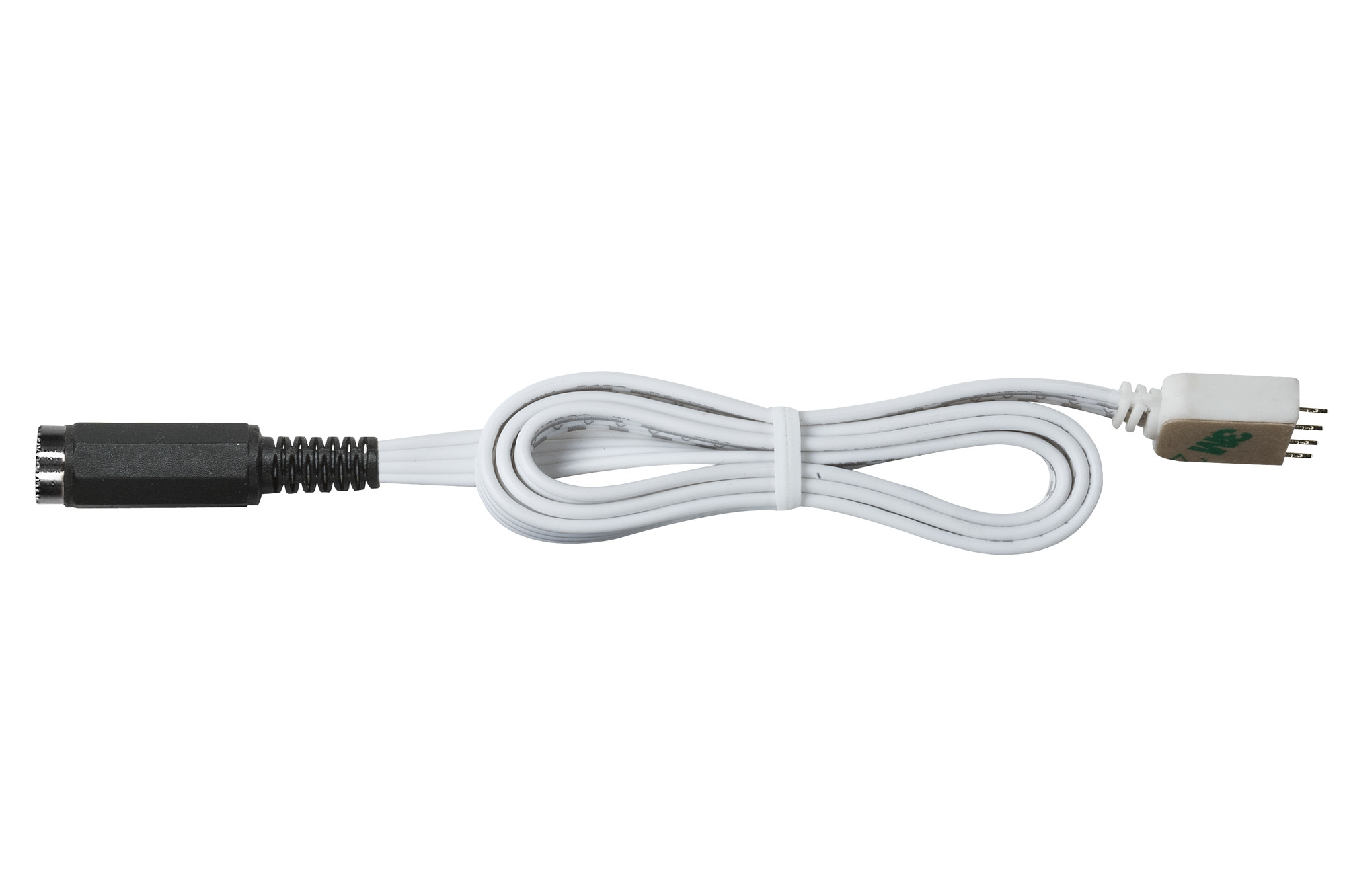 Weißes Kabel mit schwarzen Steckern und einem 3M-Kleber auf weißem Hintergrund.