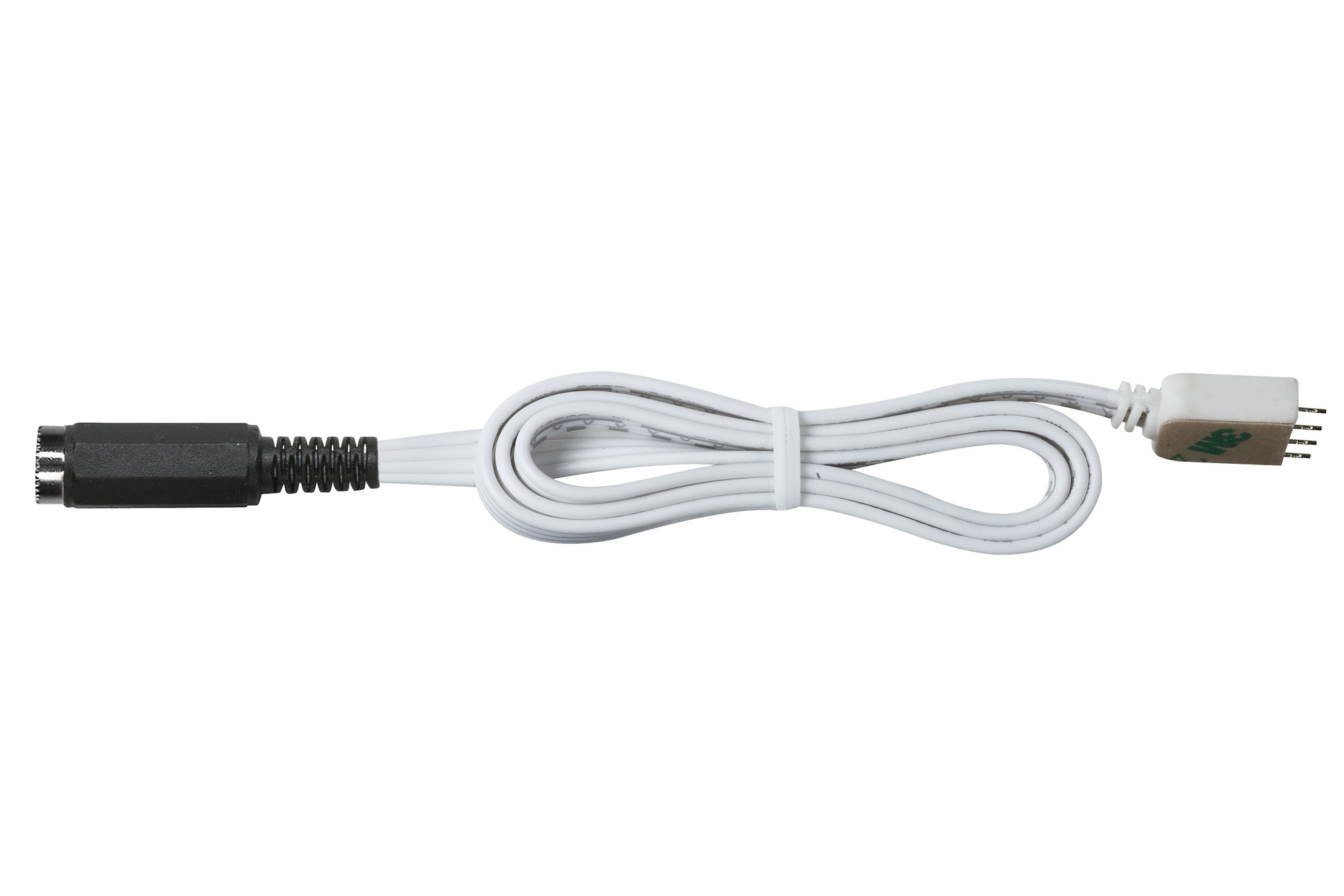 Weißes Kabel mit einem schwarzen Stecker an einem Ende und einem weißen Stecker am anderen.
