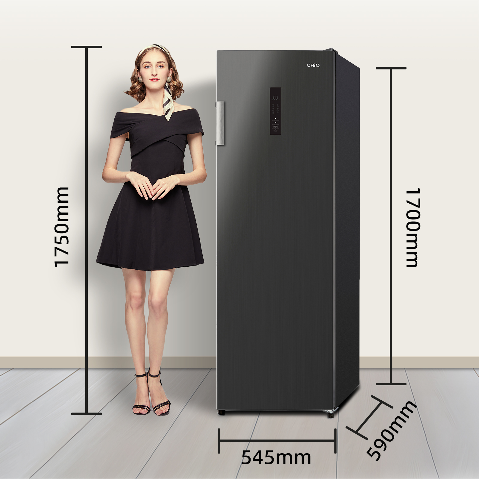 Woman next to a black refrigerator, dimensions are indicated with lines. White background.