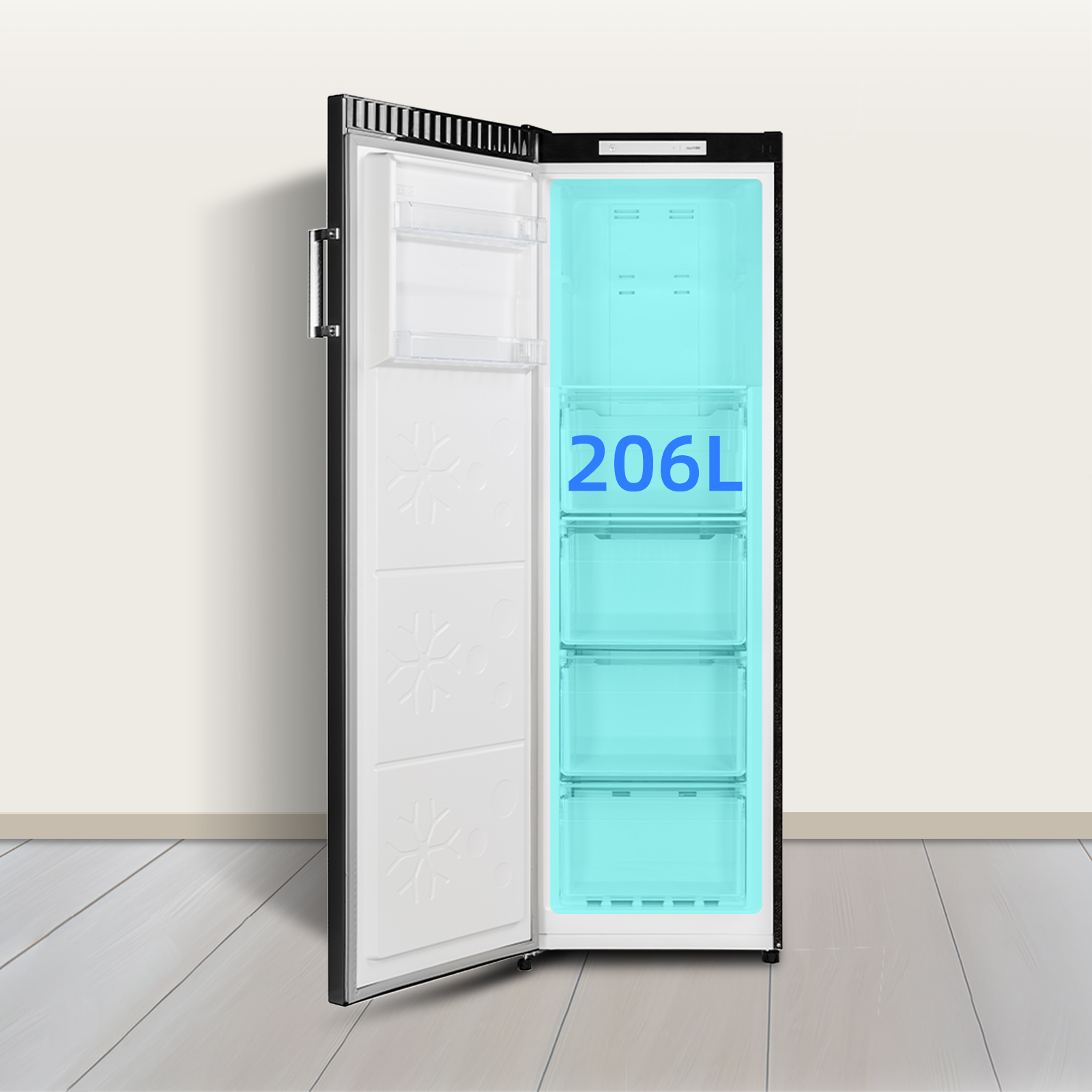 A black refrigerator with the door open, showing shelves and drawers, with 206L label.