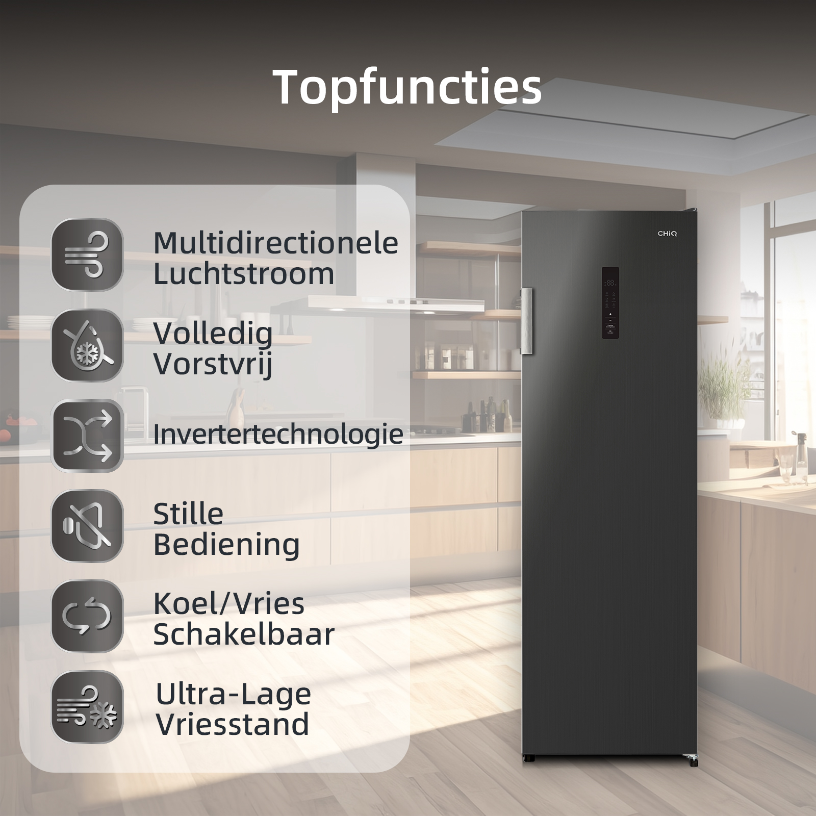 Black refrigerator with highlighted features, set in a kitchen setting.