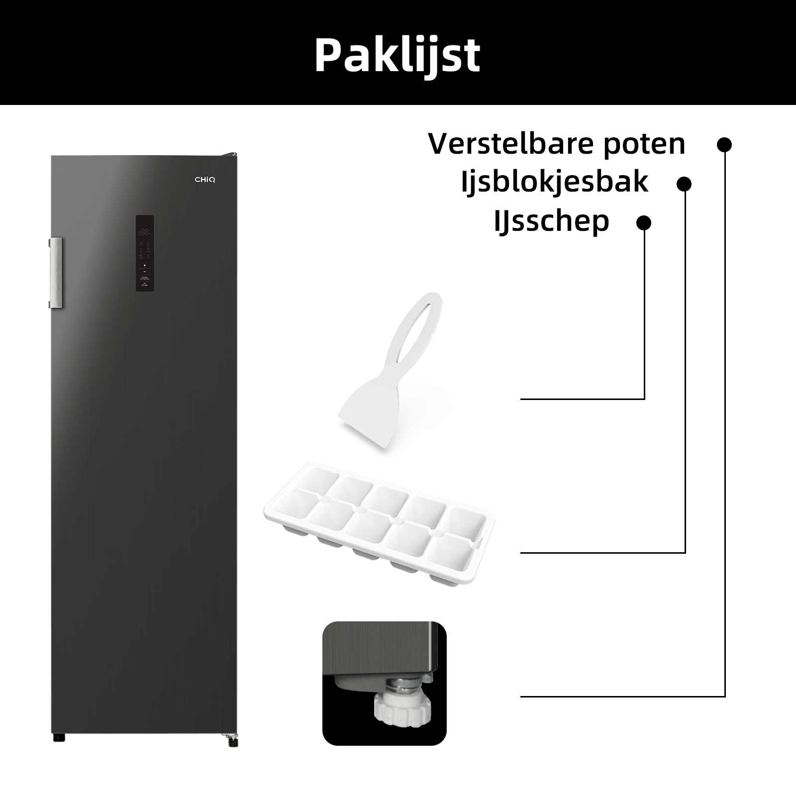 A black freezer with adjustable feet, an ice cube tray, and an ice scoop.