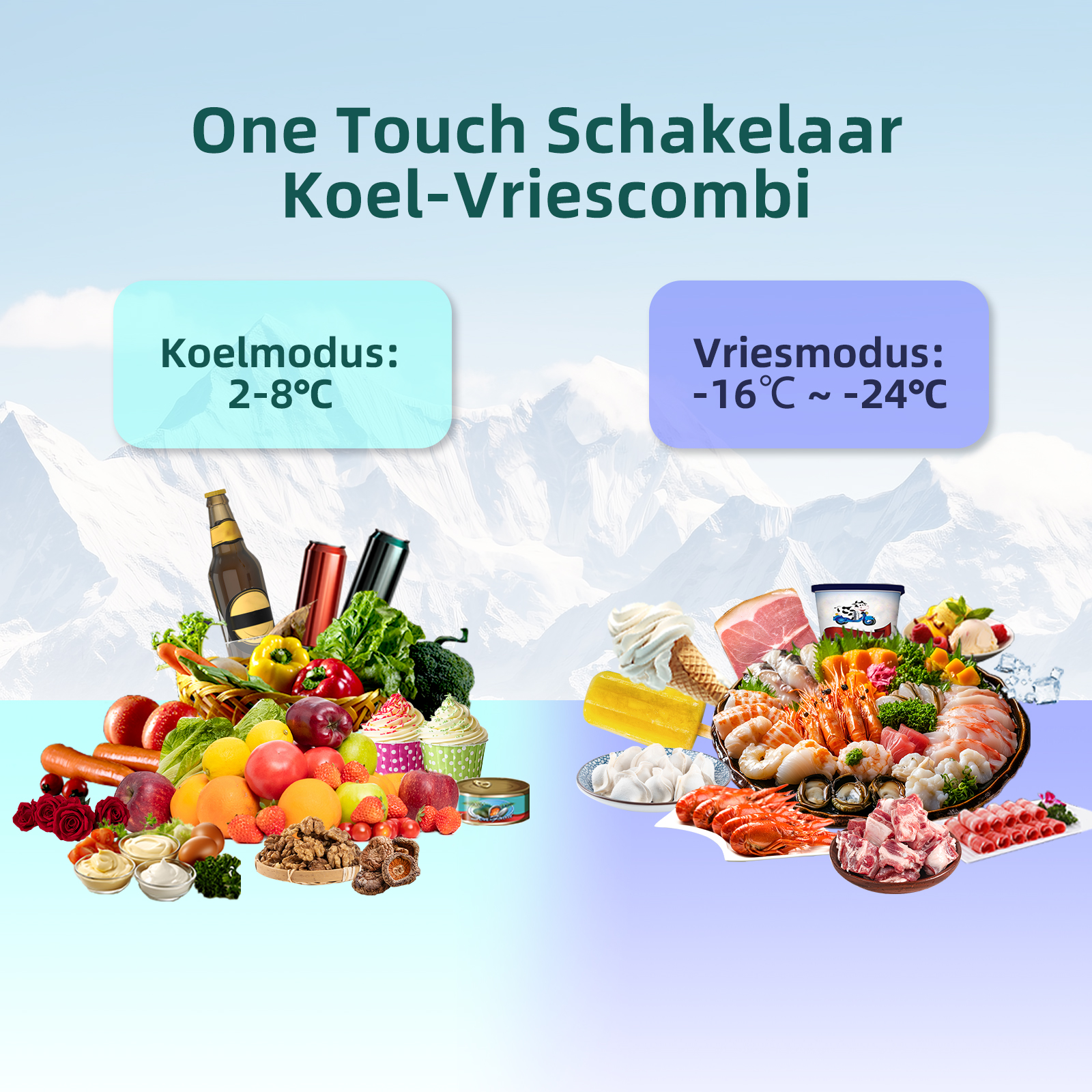 A food display with fruits, vegetables, meat, and seafood. It is split into two temperature modes.