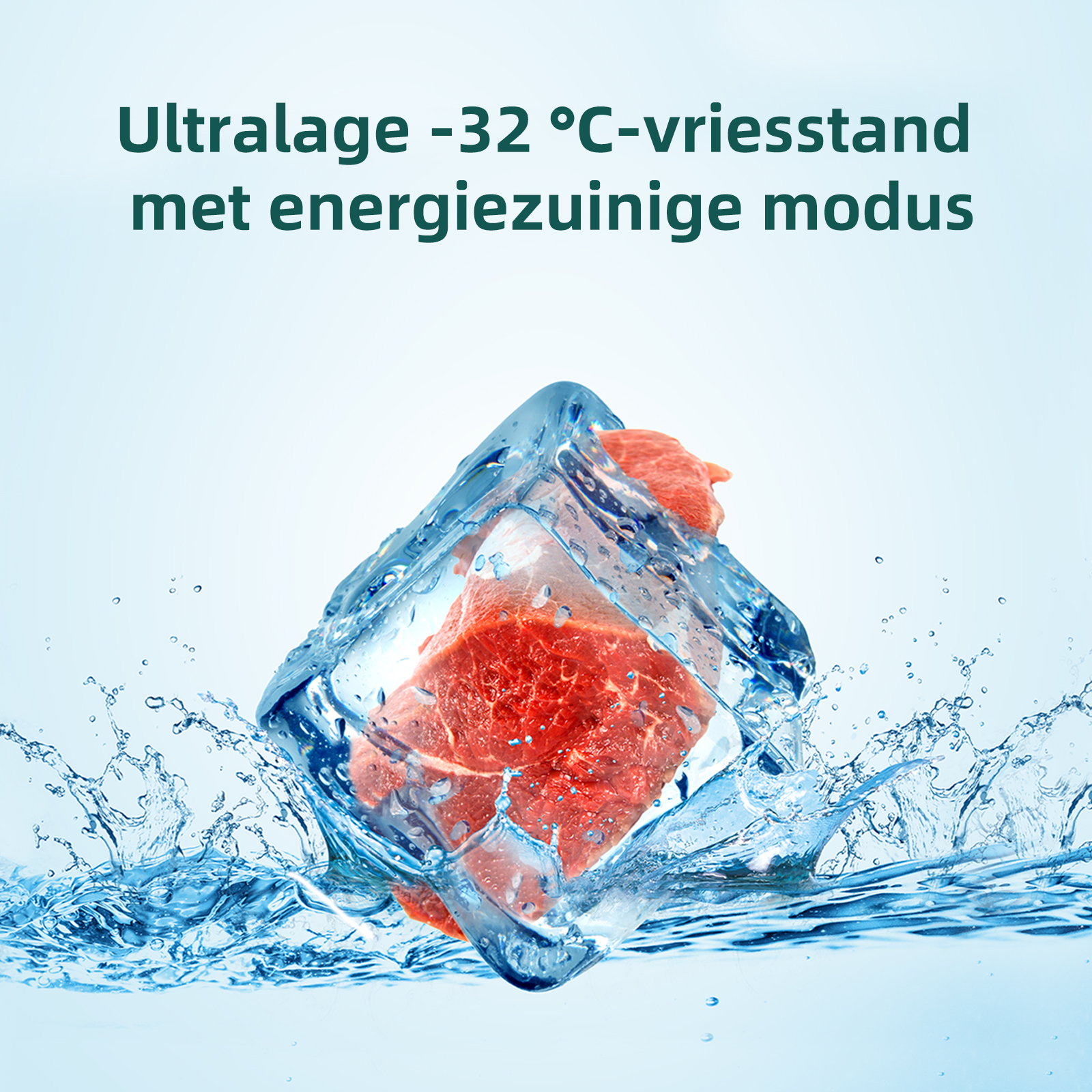 Ice cube with meat in water, with text about ultra low temperature.