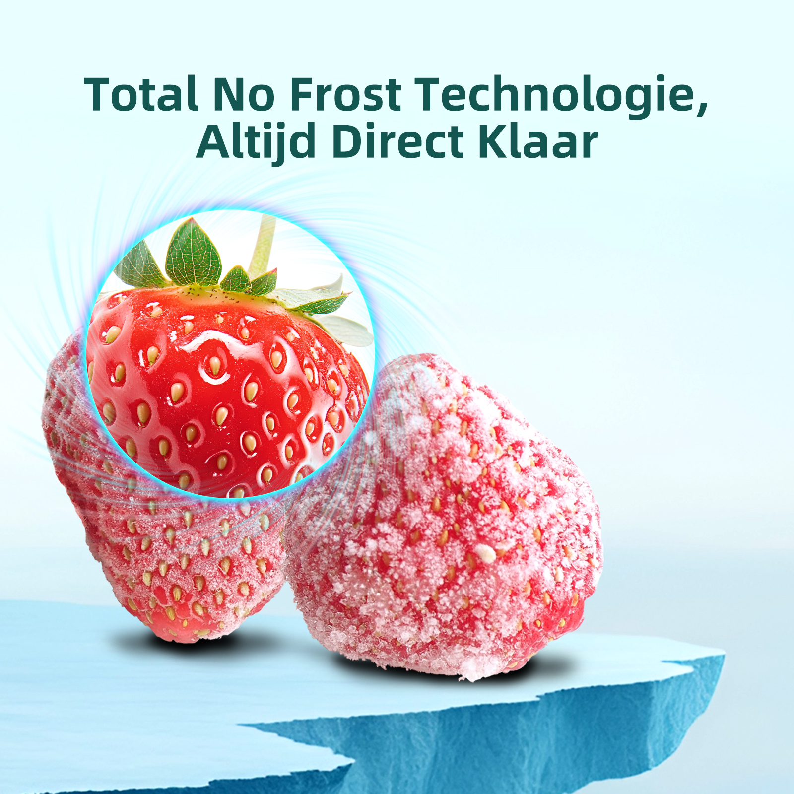 Two frozen strawberries with water vapor around them on a blue icy background.
