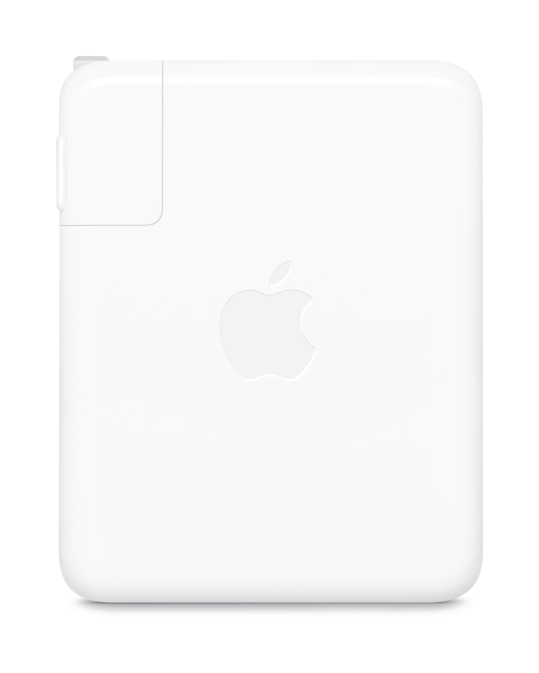 Adaptateur secteur Apple blanc avec le logo Apple au centre.