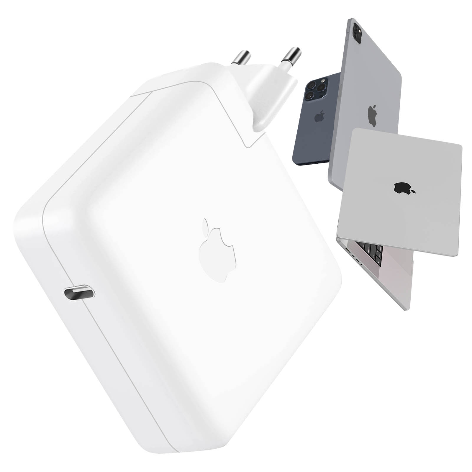 Chargeur Apple blanc avec logo Apple, avec iPhone, iPad et MacBook.