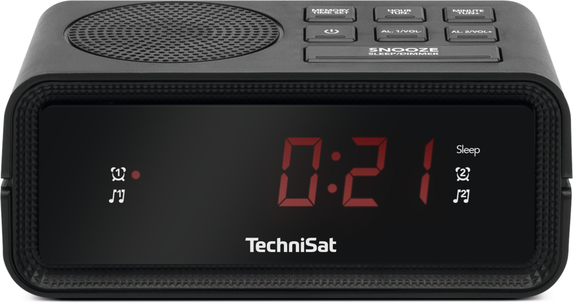 Sveglia digitale TechniSat nera con display digitale rosso che mostra 0:21.