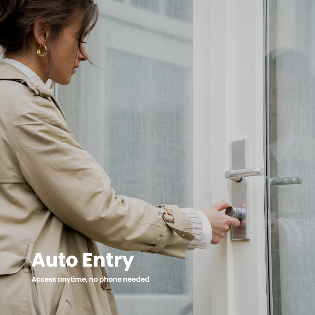 Woman opening a white door with text: Auto Entry. Access anytime, no phone needed.