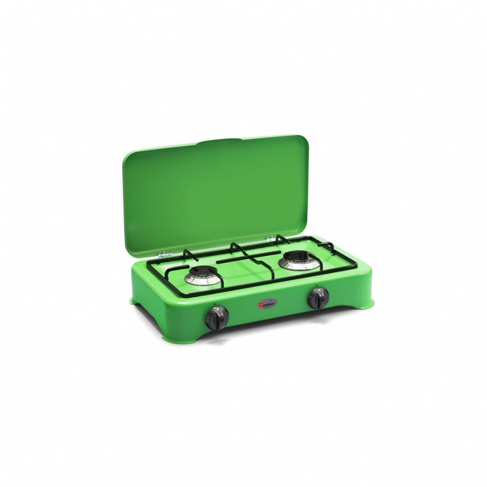 Un fornello a gas portatile verde, con due fuochi e un coperchio. Manopole e supporti neri. Sfondo bianco.