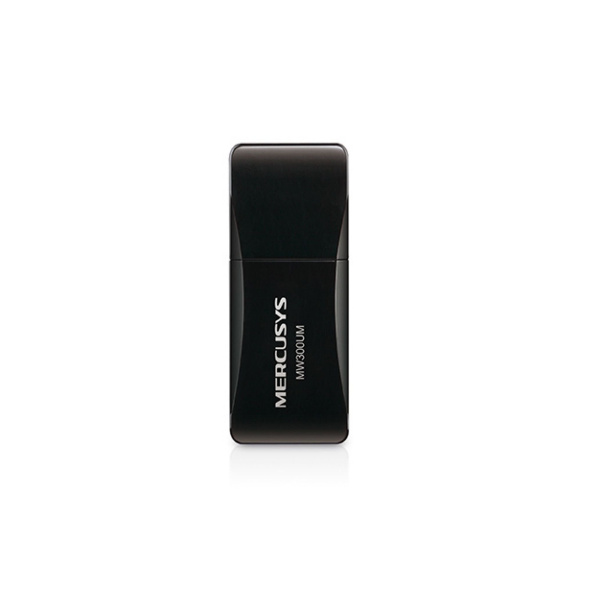Beyaz zeminde siyah Mercusys MW300UM USB adaptörü.