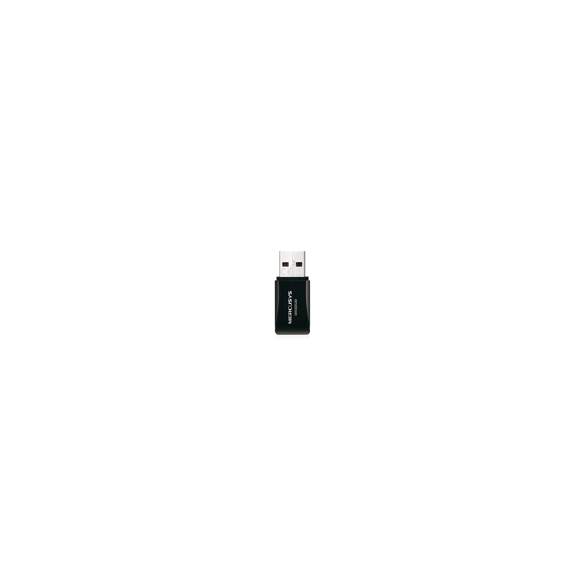 Gümüş USB bağlantılı siyah Mercusys MW300UM USB Wi-Fi adaptörü.