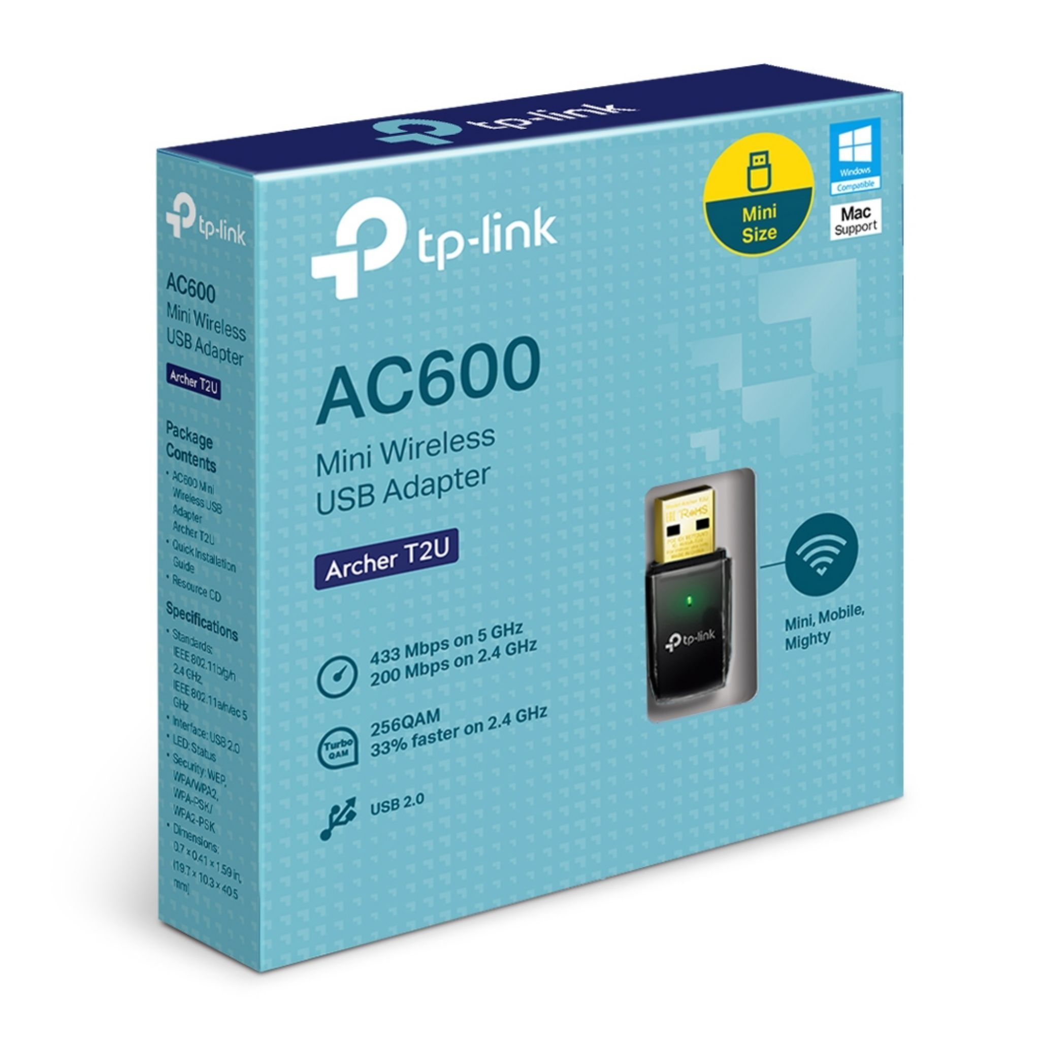 Eine Schachtel für einen TP-Link USB-Adapter, blau und weiß mit Details.