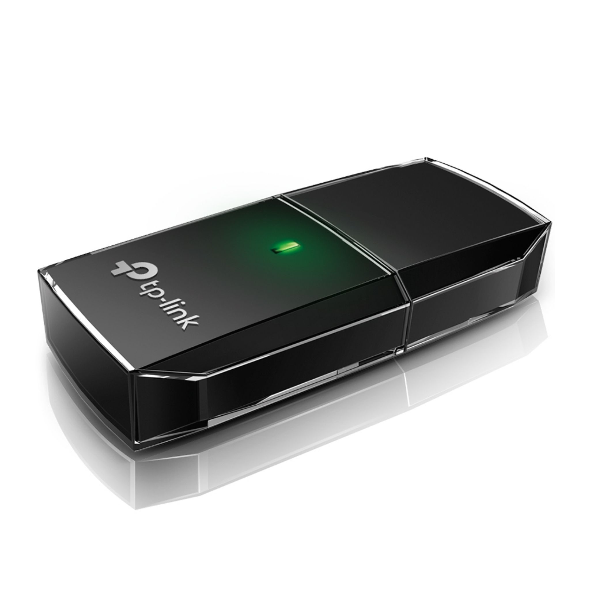Ein schwarzer, rechteckiger TP-Link USB-WLAN-Adapter mit grünem Licht und silbernen Akzenten.