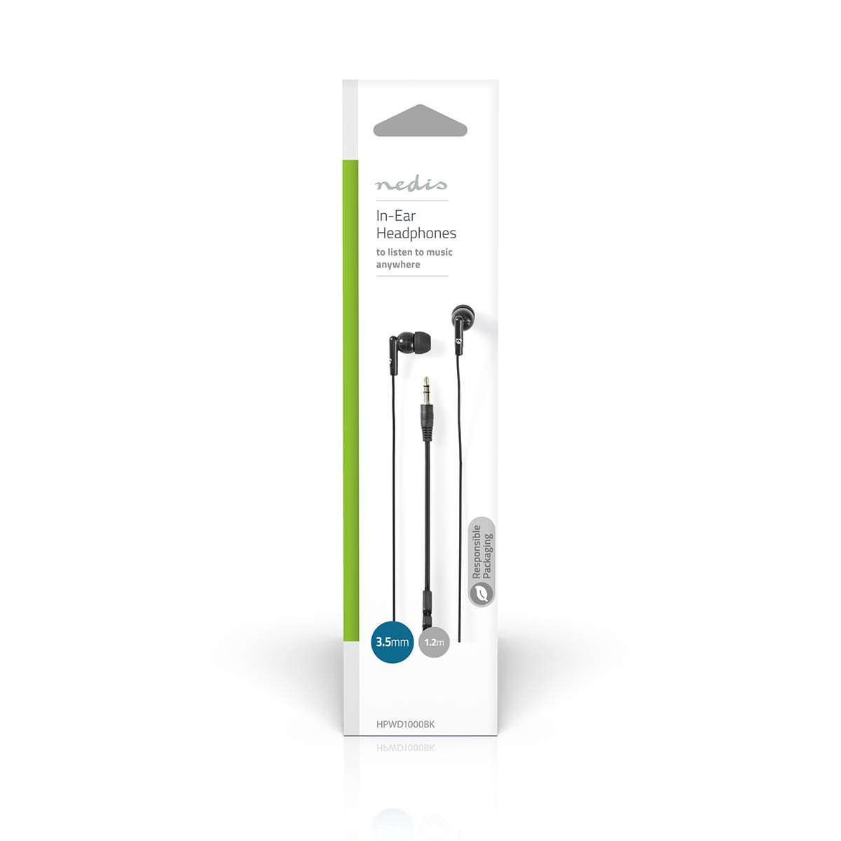 Weiße Box mit schwarzen In-Ear-Kopfhörern; Kopfhörer und Kabel sichtbar.