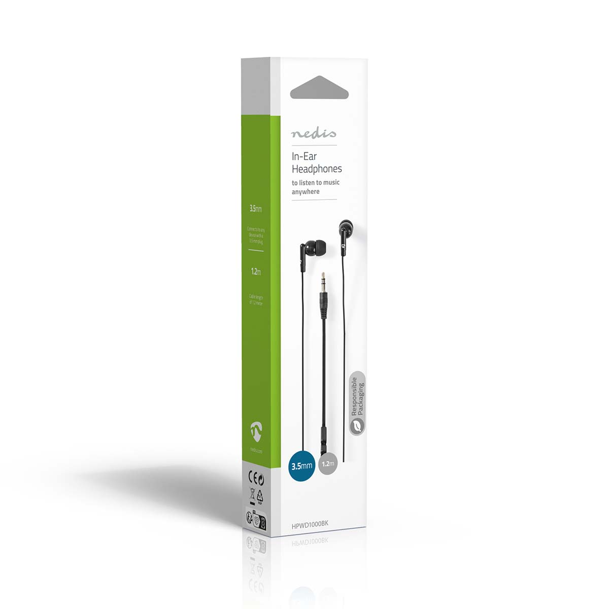 In-Ear-Kopfhörer in weißer Schachtel, schwarze Ohrhörer und 3,5-mm-Klinke.