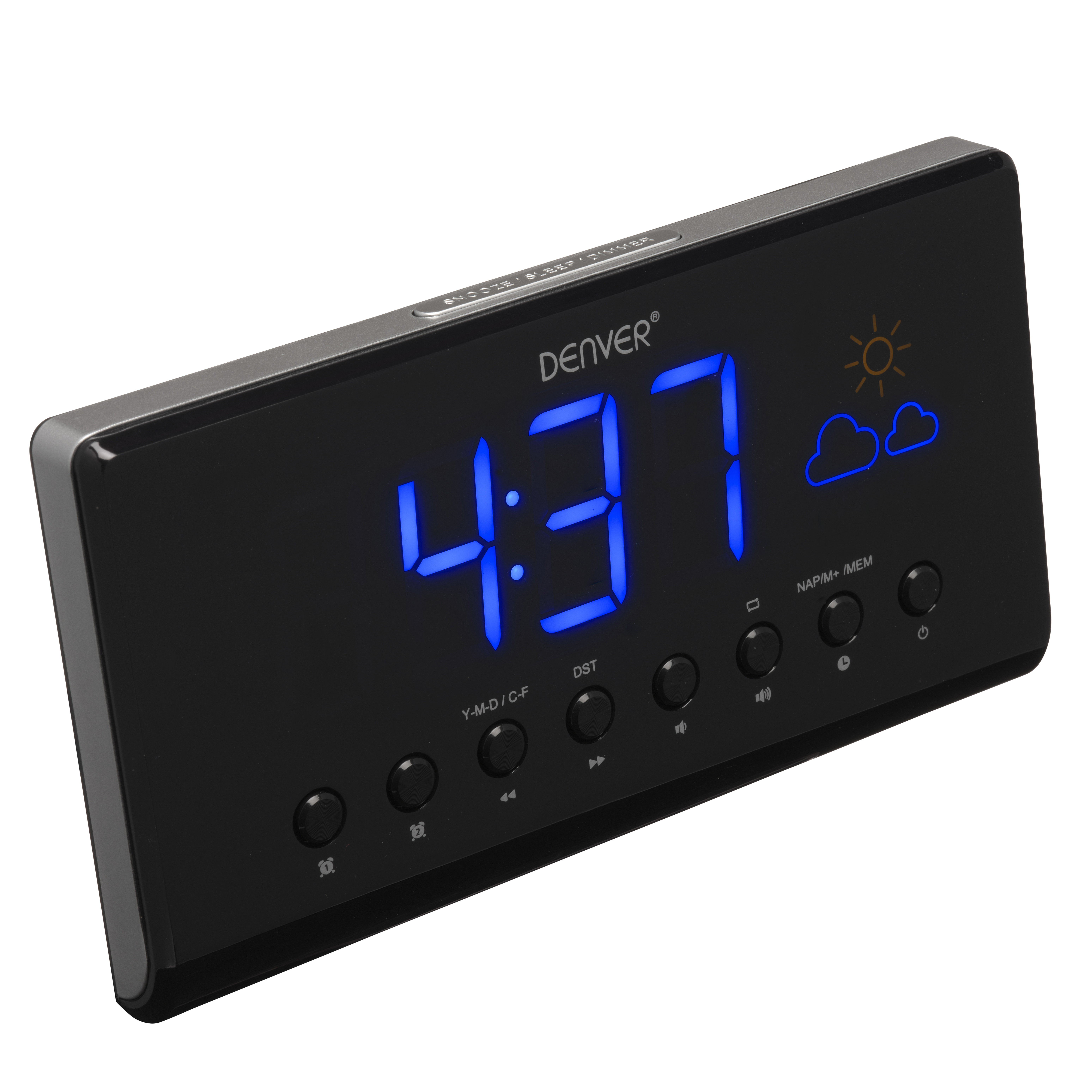 Reloj despertador digital negro con pantalla azul que muestra la hora e iconos del tiempo.