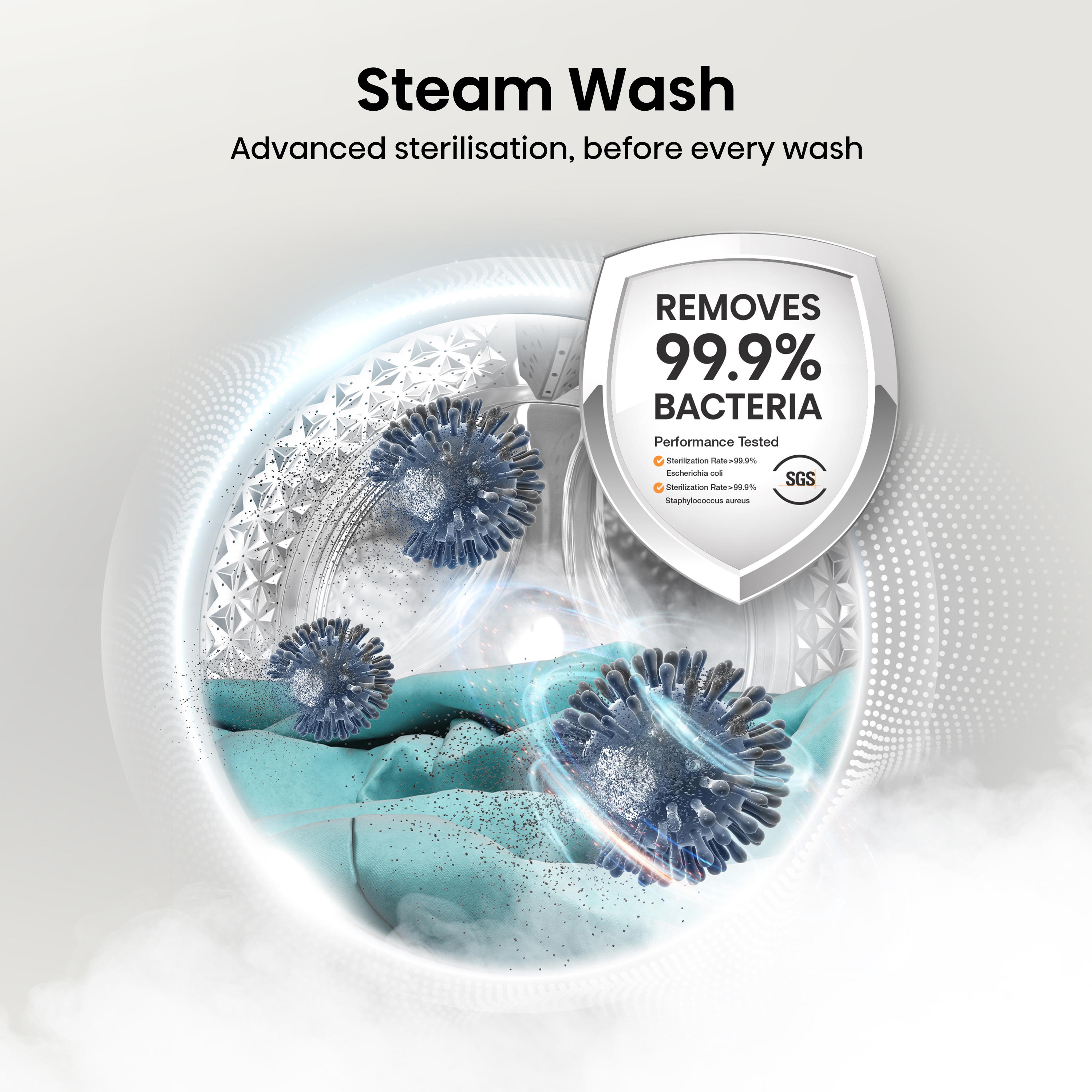 Pralka z tekstem 'Steam Wash' i 'Usuwa 99,9% bakterii'.
