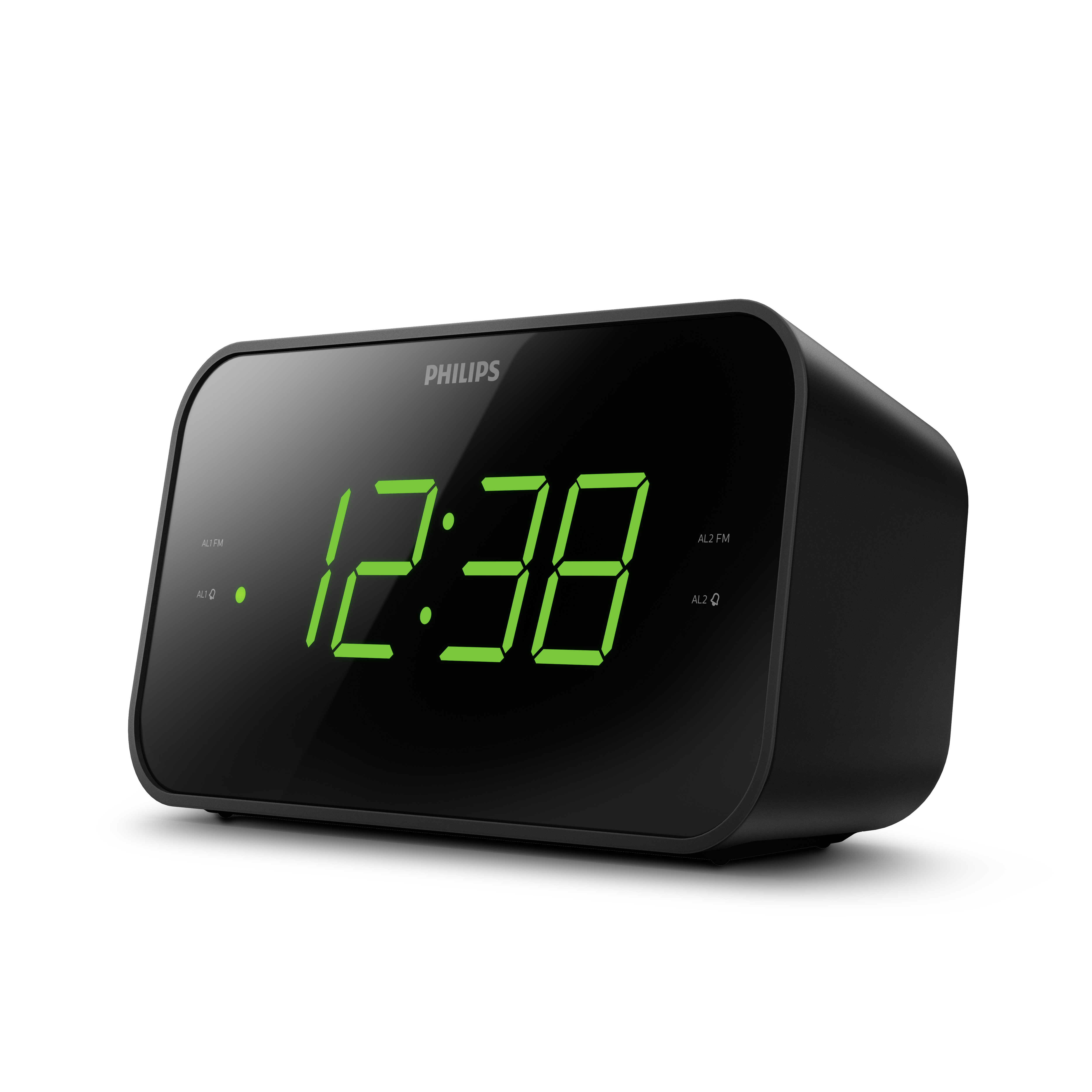 Réveil numérique Philips noir avec affichage LED vert, affichant 12:38, sur fond blanc.