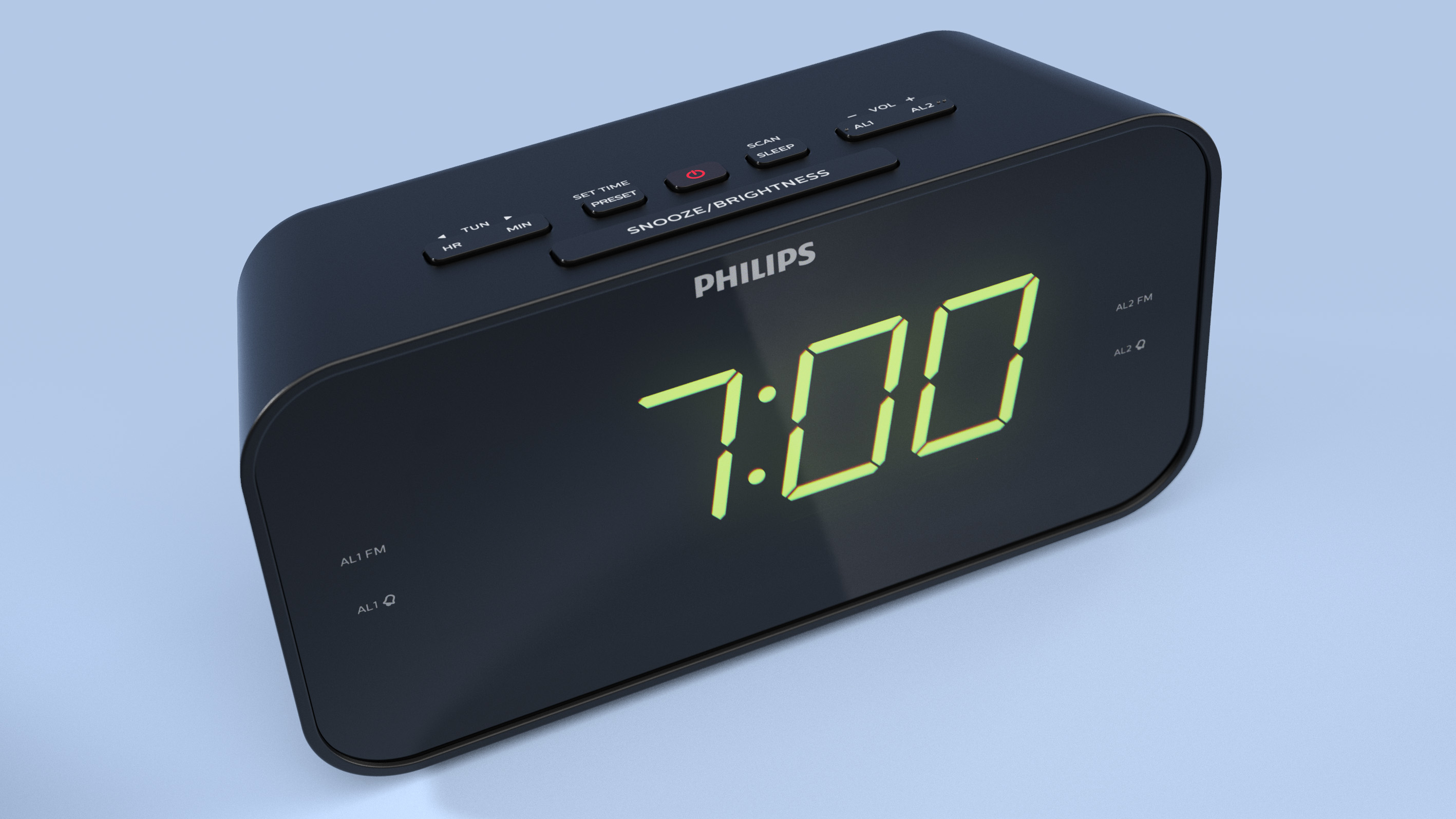 Réveil Philips noir. L'écran numérique vert affiche 7:00.