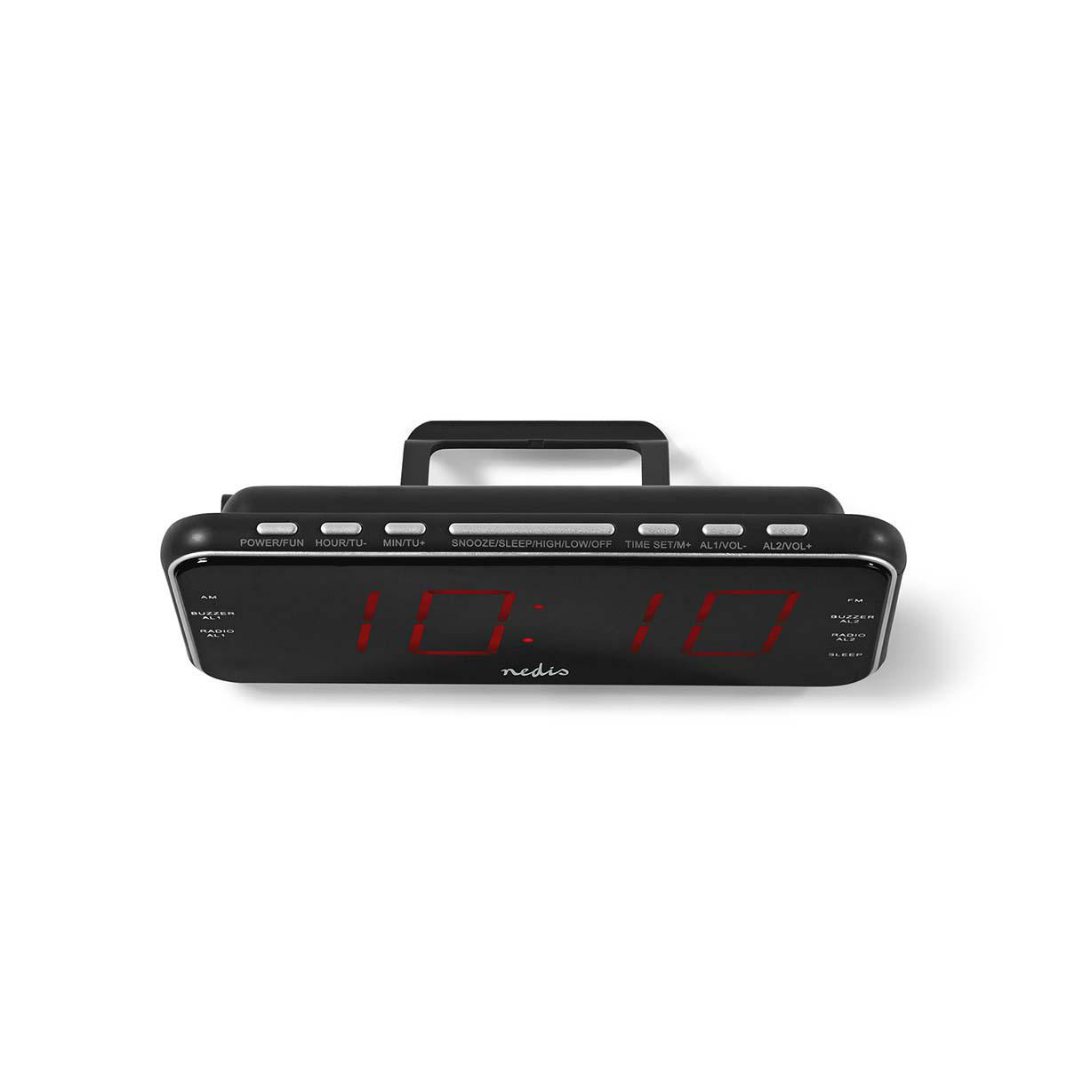 Ein schwarzer digitaler Wecker, der die Uhrzeit 10:10 auf weißem Hintergrund anzeigt.