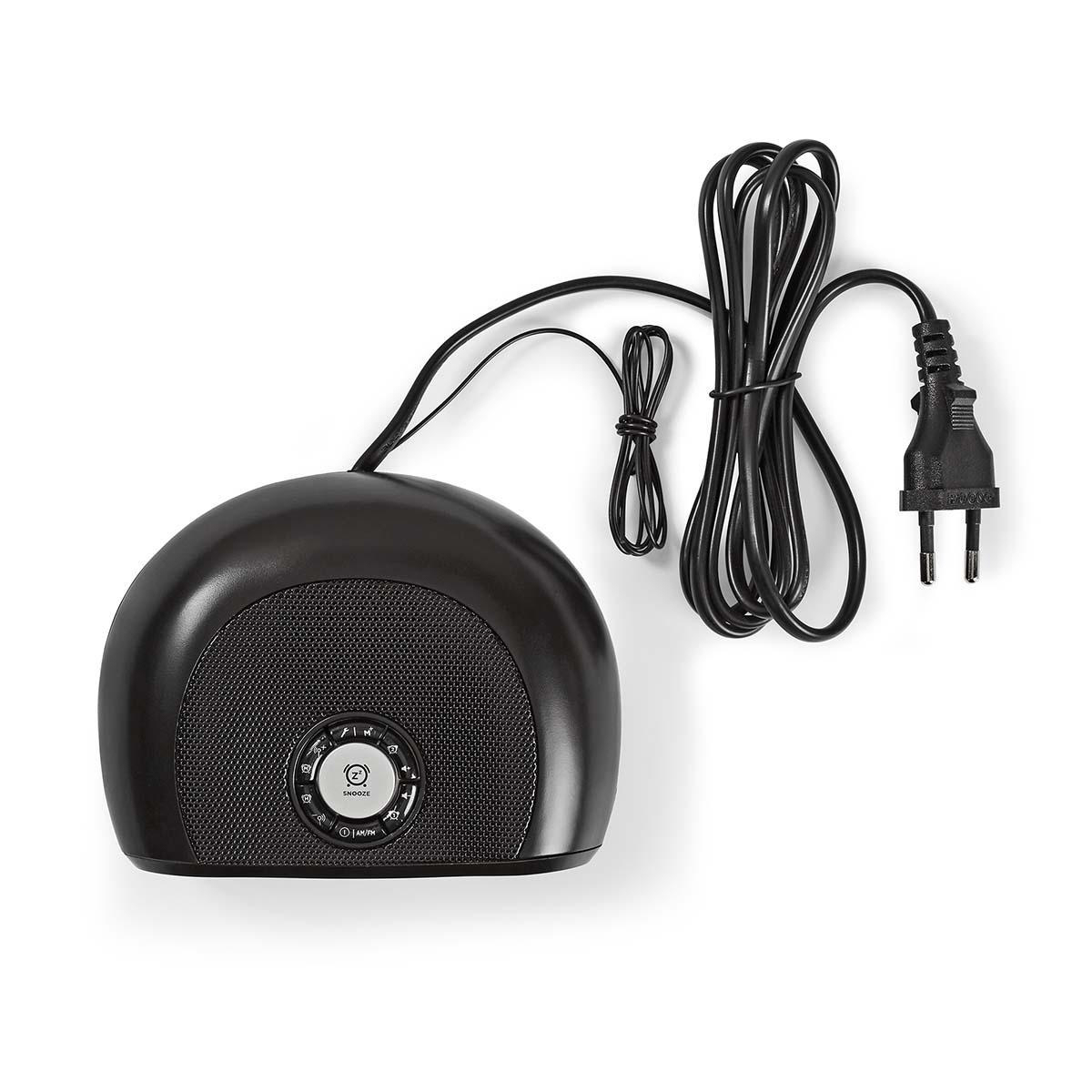 Schwarze Soundmaschine mit Lautsprecher, Bedienelementen und angeschlossenem Netzkabel.