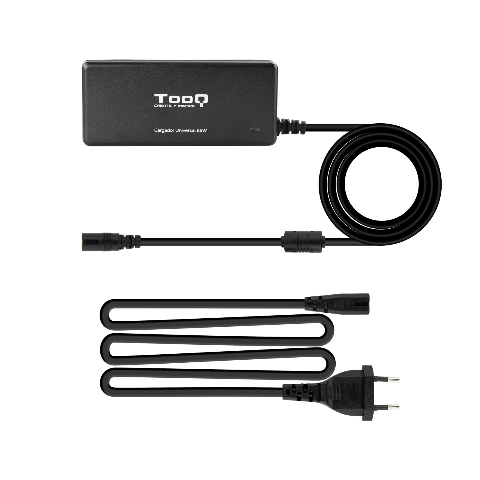 Cargador universal Tooq negro con cable negro. Fondo blanco.