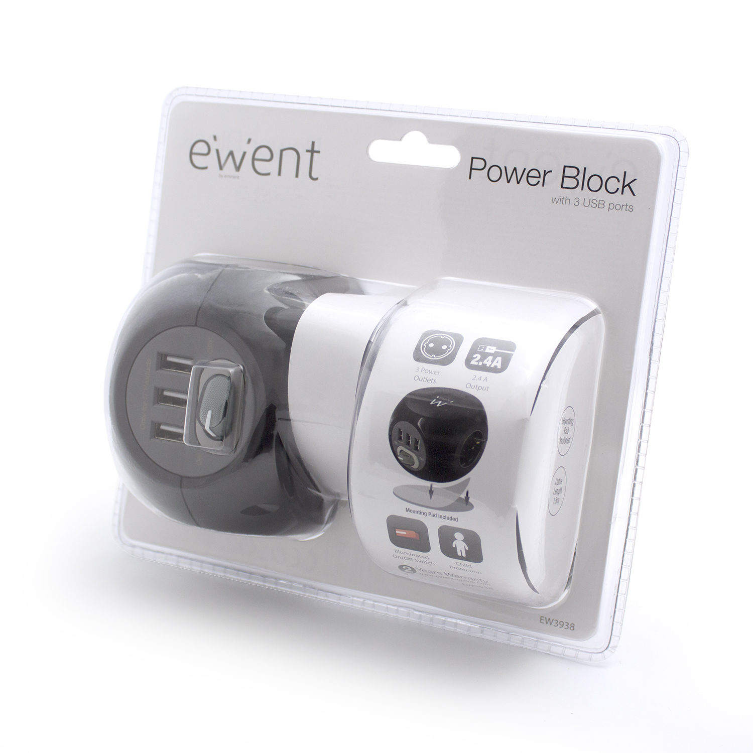 Bloque de alimentación blanco y negro con 3 puertos USB en un paquete.