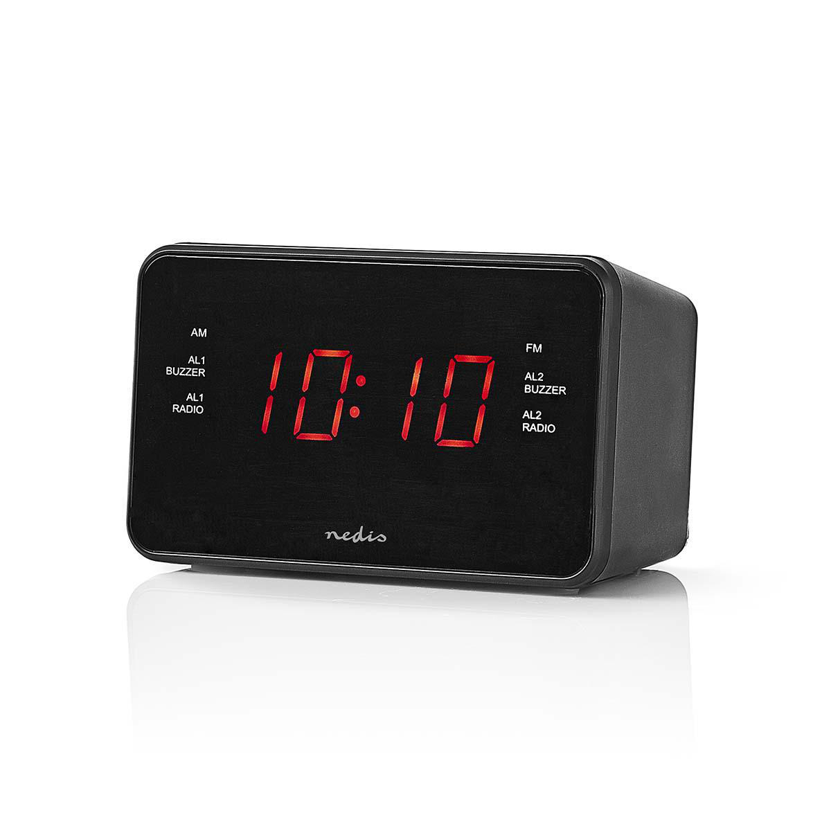 Schwarze Digitaluhr mit 10:10 roten Ziffern und AM/FM-Radiofunktionen.