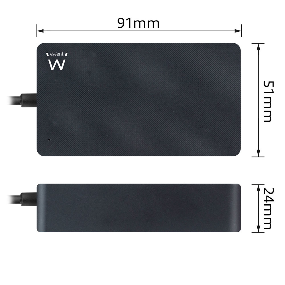 Lettore di schede ewent W nero. Dimensioni: 91 mm x 51 mm x 24 mm. Vista dall'alto e laterale.