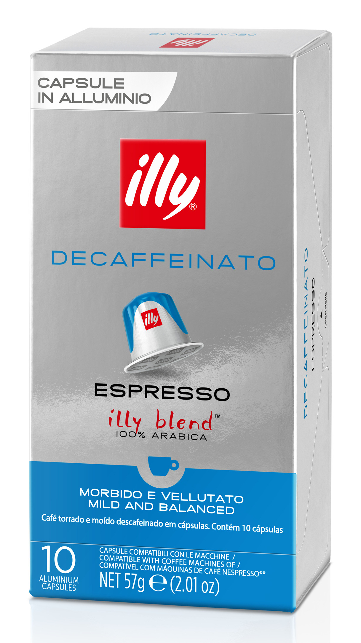 Una scatola argentata di capsule di caffè espresso Illy decaffeinato.