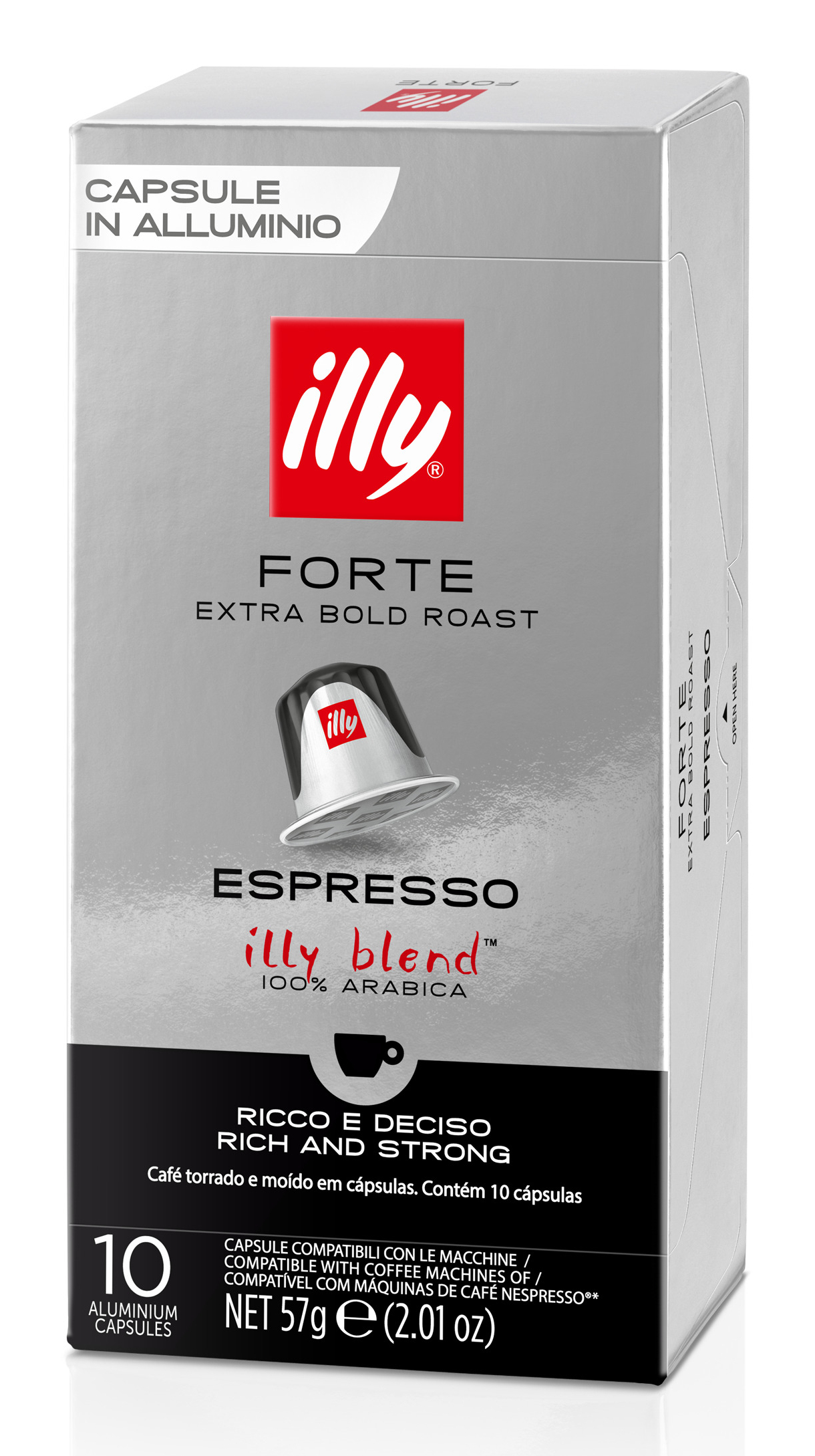 Scatola di capsule di caffè. Scatola argentata con marchio Illy e parola Forte.