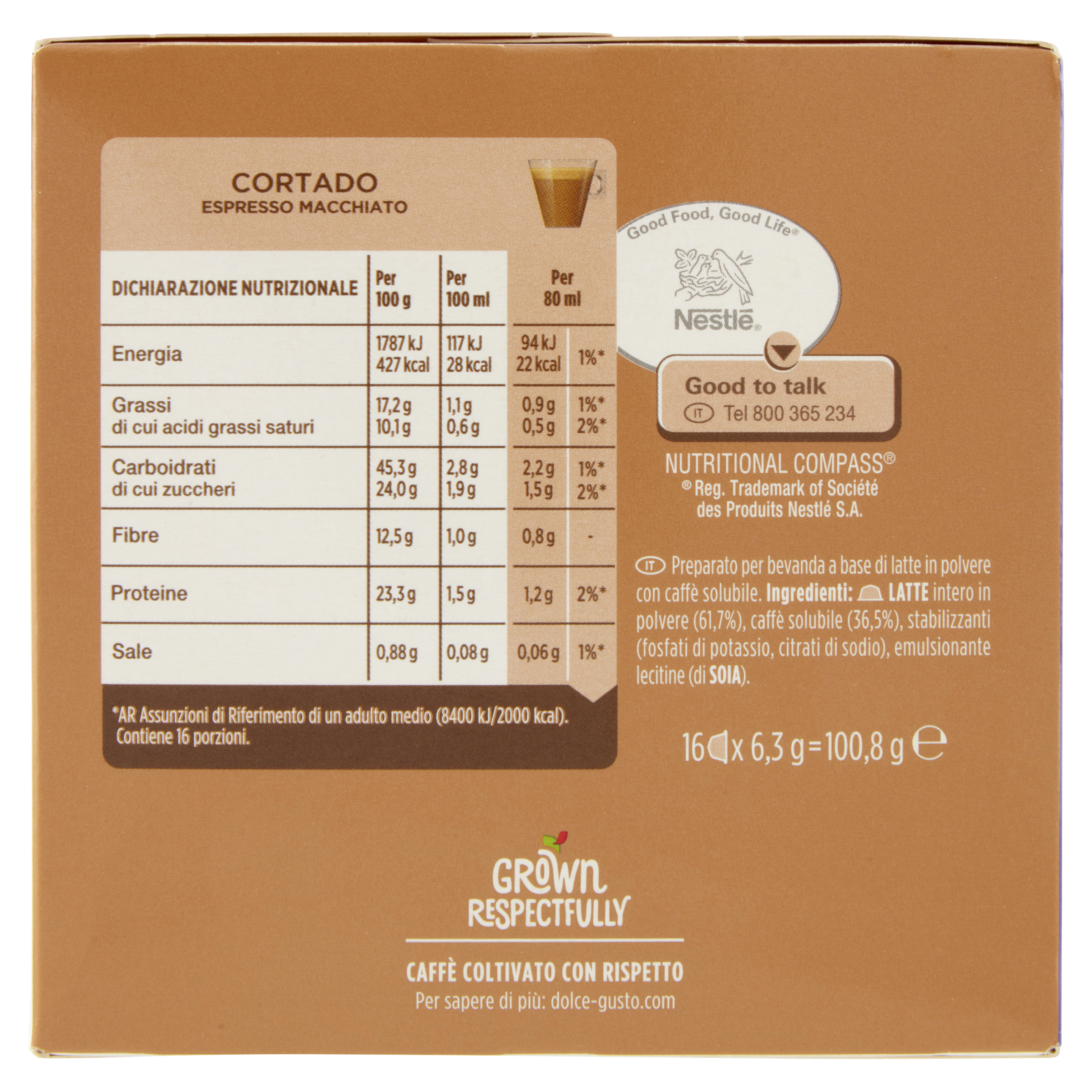 Confezione con informazioni nutrizionali per Cortado Espresso Macchiato, Nestlé.