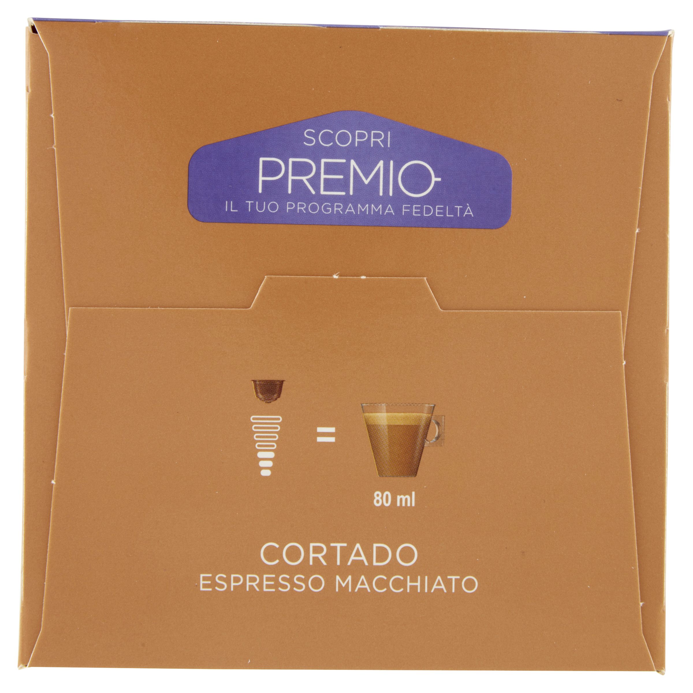 Scatola di Cortado Espresso Macchiato, 80 ml, con immagine capsula.
